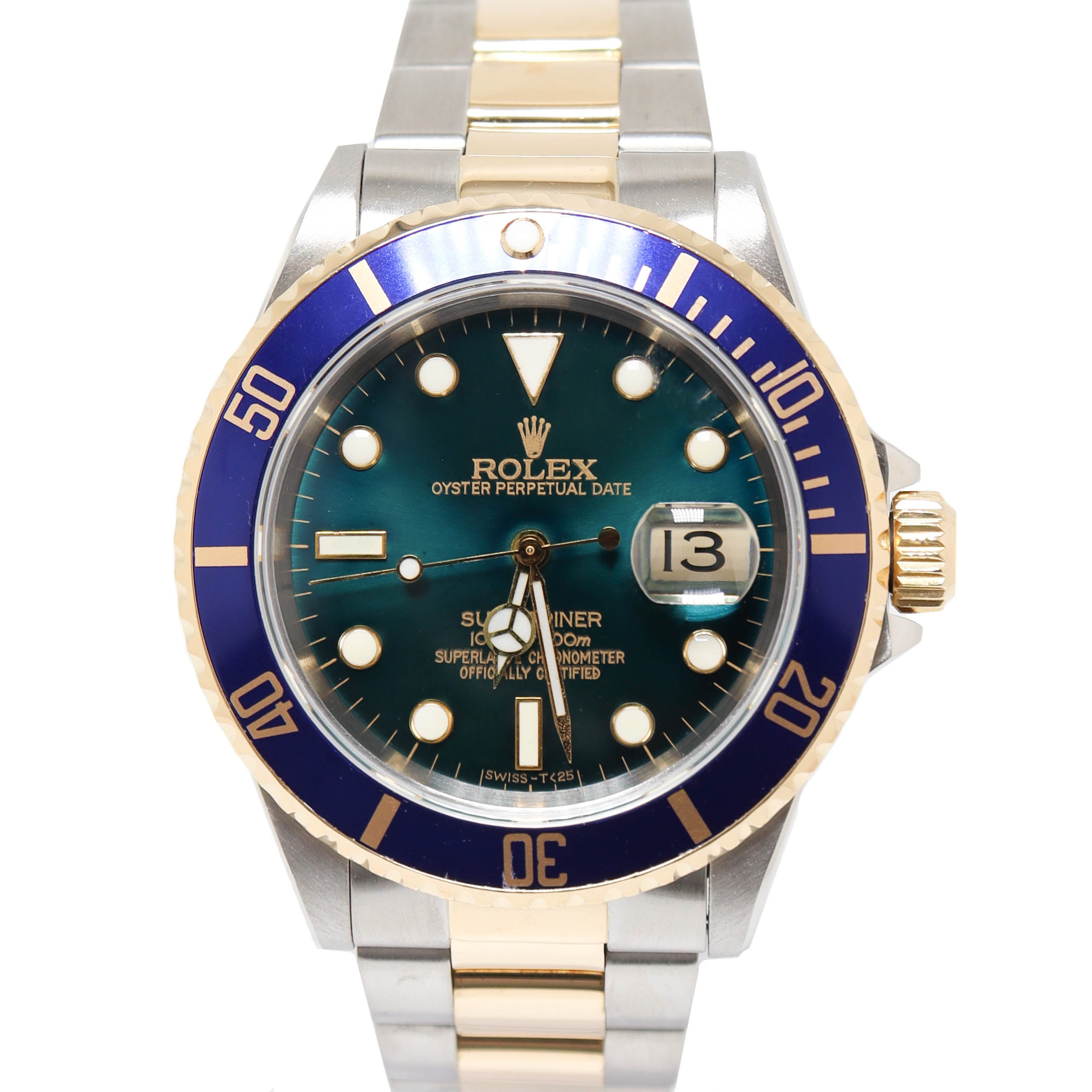 Rolex Men's Submariner Date Yellow Gold & Stainless Steel 40m Custom Dark Teal Dot Dial Watch Reference# 16613 - Happy Jewelers Fine Jewelry Lifetime Warranty