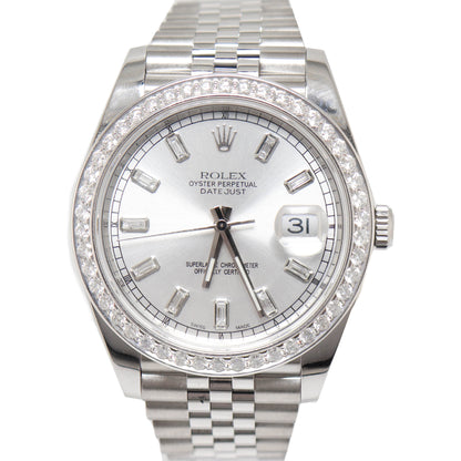 Rolex Mens Datejust Stainless Steel 41mm Custom Diamond Baguette Silver Dial Watch Reference# 126300 - Happy Jewelers Fine Jewelry Lifetime Warranty