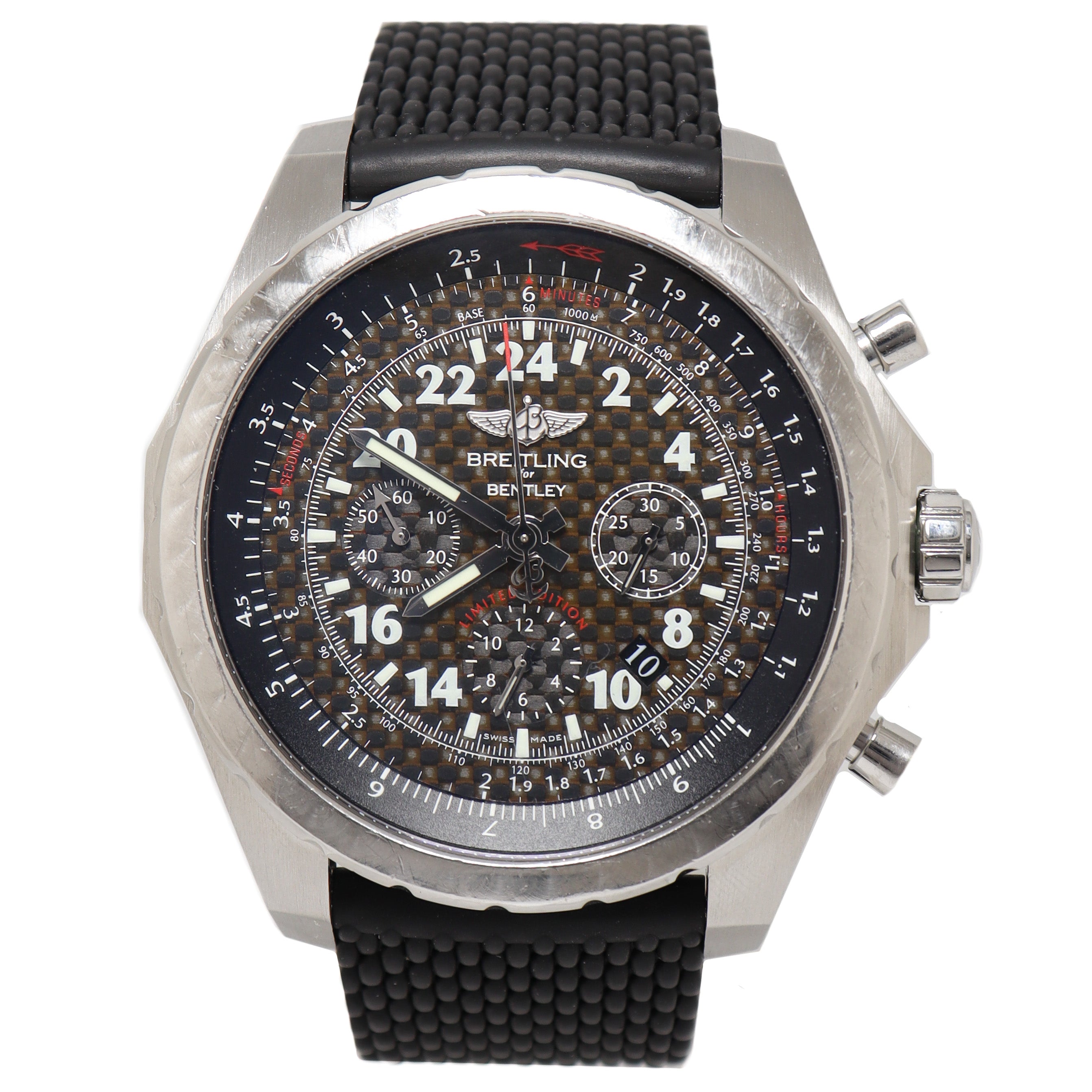 Breitling Mens Bentley 24H Stainless Steel 49mm Carbon Fiber Chronograph Dial Watch Reference# AB0220 - Happy Jewelers Fine Jewelry Lifetime Warranty