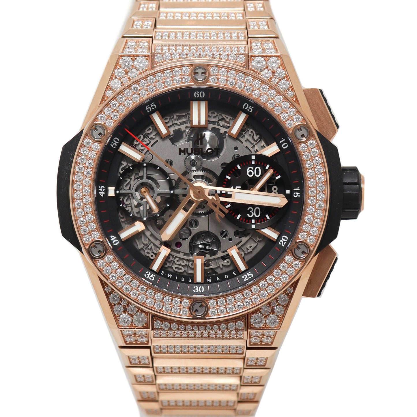 Hublot Mens Big Bang Integrated King Gold Pave Rose Gold Skeleton Dial Watch Matte Black Skeleton Dial Watch Reference# 451.OX.1180.OX.3704 - Happy Jewelers Fine Jewelry Lifetime Warranty