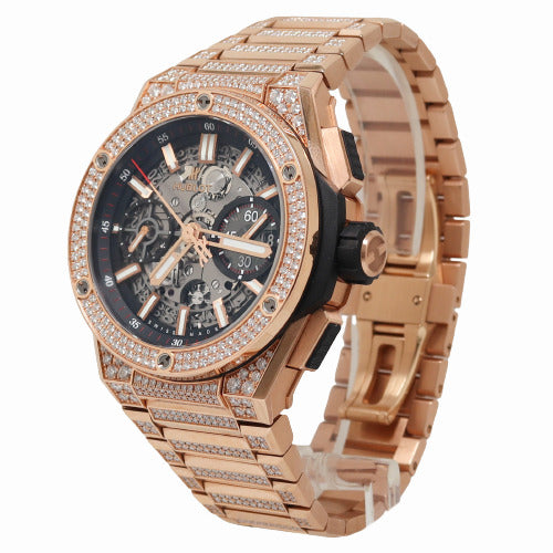 Hublot Mens Big Bang Integrated King Gold Pave Rose Gold Skeleton Dial Watch Matte Black Skeleton Dial Watch Reference# 451.OX.1180.OX.3704 - Happy Jewelers Fine Jewelry Lifetime Warranty
