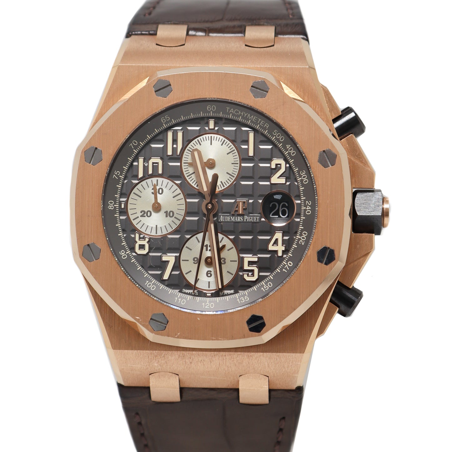 Audemars Piguet Royal Oak Offshore Rose Gold 42mm Grey Chronograph "Mega Tapisserie" Dial Watch Reference# 26470OR.OO.A125CR.01 - Happy Jewelers Fine Jewelry Lifetime Warranty