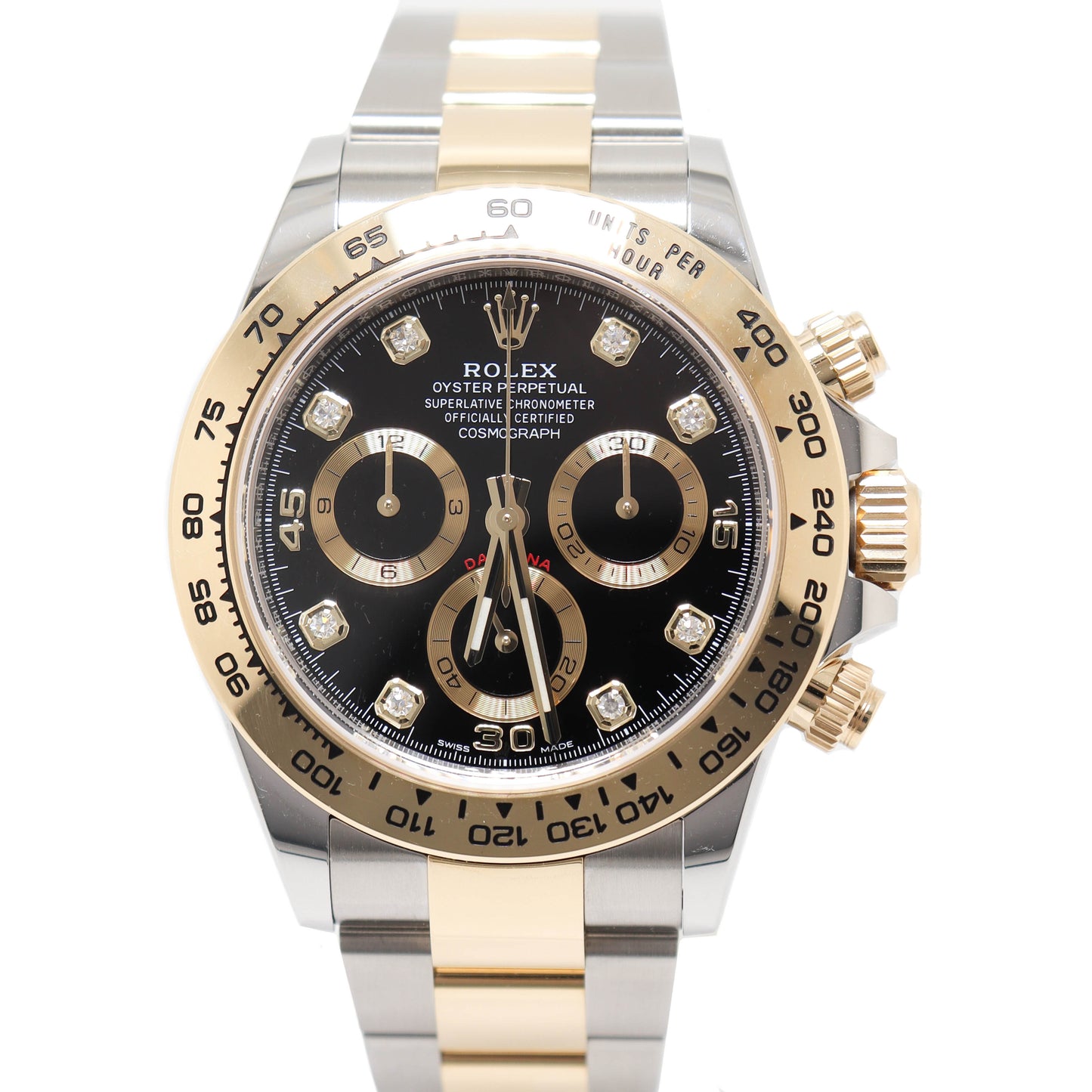 Rolex Mens Daytona Stainless Steel & Yellow Gold 40mm Black Chronograph Diamond Dial Watch Reference# 116503 - Happy Jewelers Fine Jewelry Lifetime Warranty