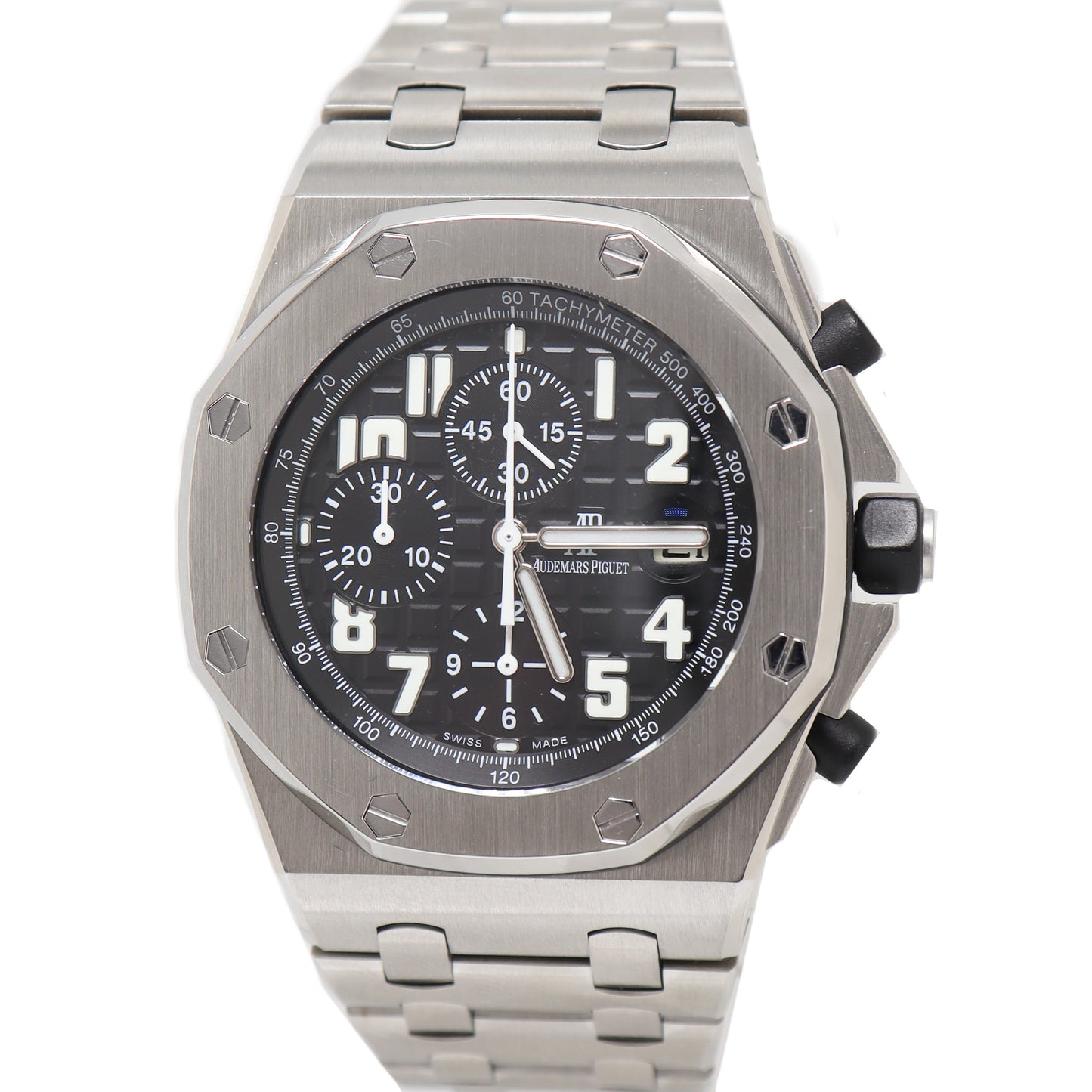 Audemars Piguet Mens Royal Oak Offshore Stainless Steel 44mm Black Chronograph Dial Watch Reference# 25721ST.OO.1000ST.08.A - Happy Jewelers Fine Jewelry Lifetime Warranty