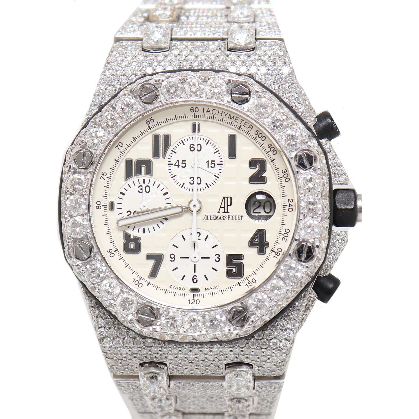 Audemars Piguet Royal Oak Offshore Custom Iced Out Stainless Chronograph Mega Tapisserie Dial Watch Jewelers