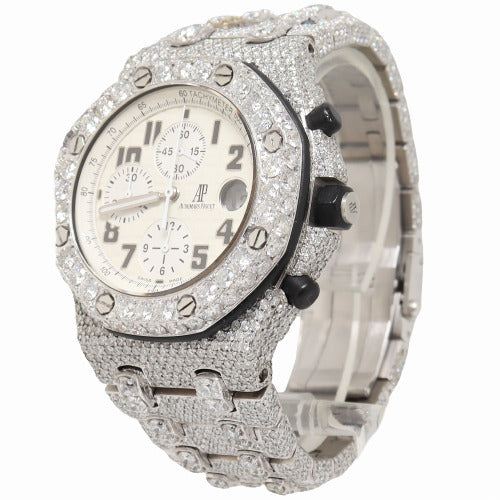 Rolex Men's Royal Oak Offshore Custom Iced Out Stainless Steel White Chronograph Mega Tapisserie Dial Watch - Happy Jewelers Fine Jewelry Lifetime Warranty