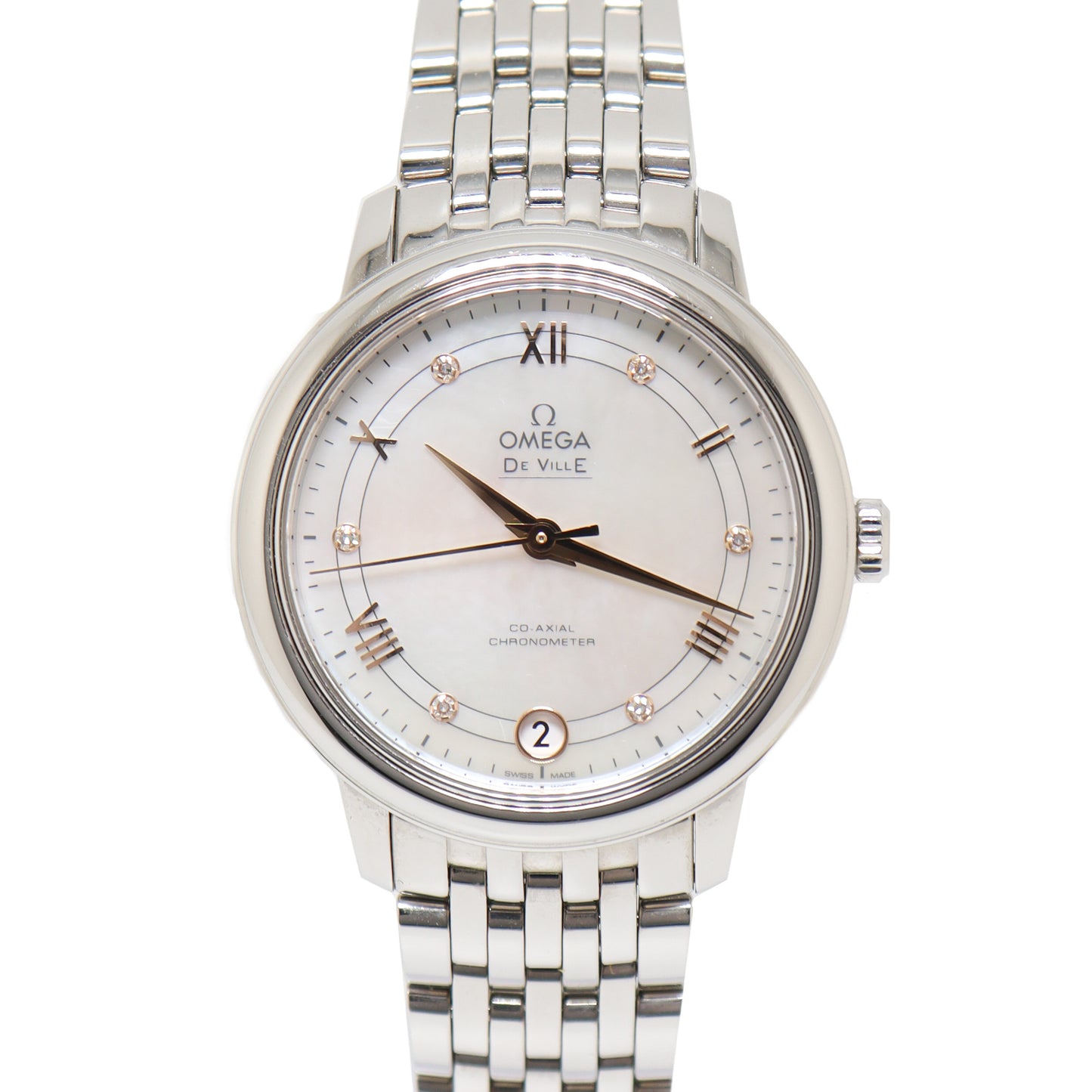 Omega Ladies Deville Stainless Steel 37mm White MOP Dial Watch Reference# 424.10.33.20.55.002 - Happy Jewelers Fine Jewelry Lifetime Warranty