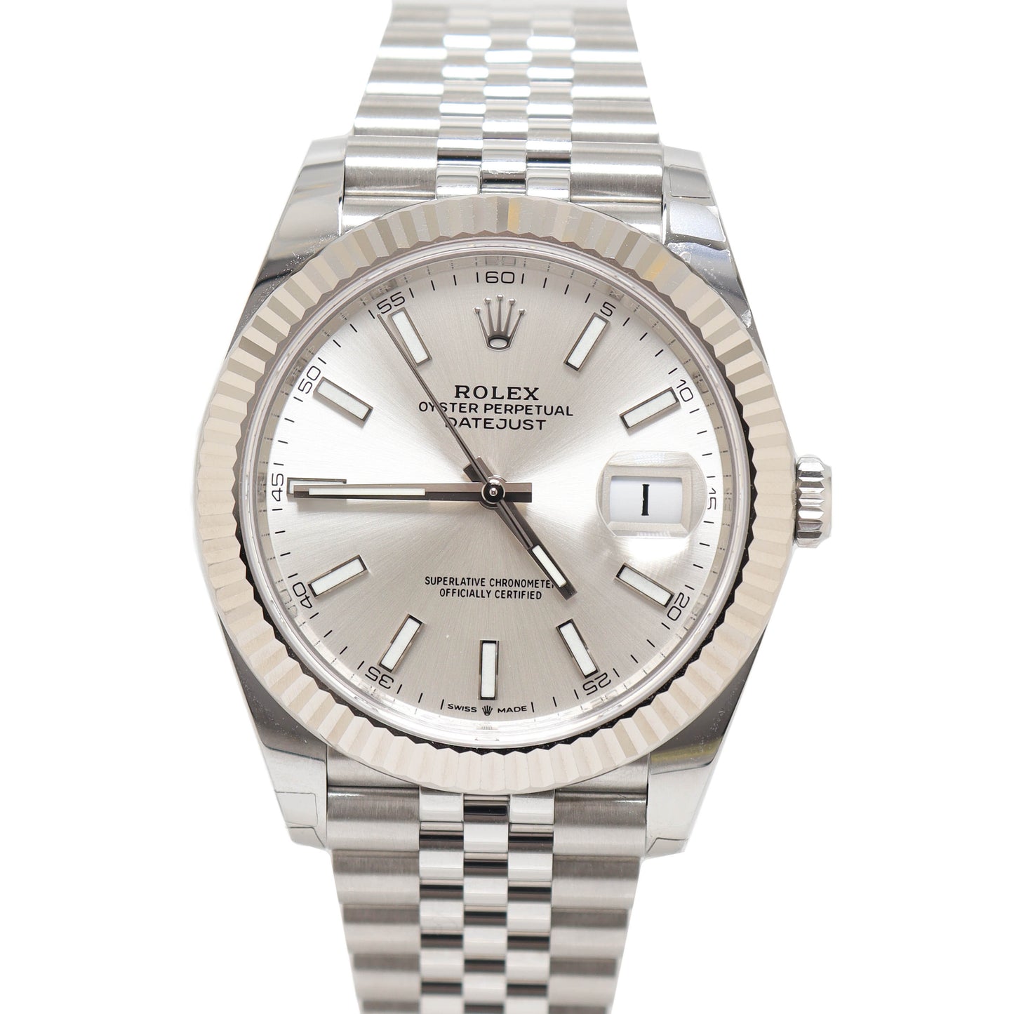 Rolex Men's Datejust Stainless Steel 41mm Silver Stick Dial Watch Reference# 126334 - Happy Jewelers Fine Jewelry Lifetime Warranty