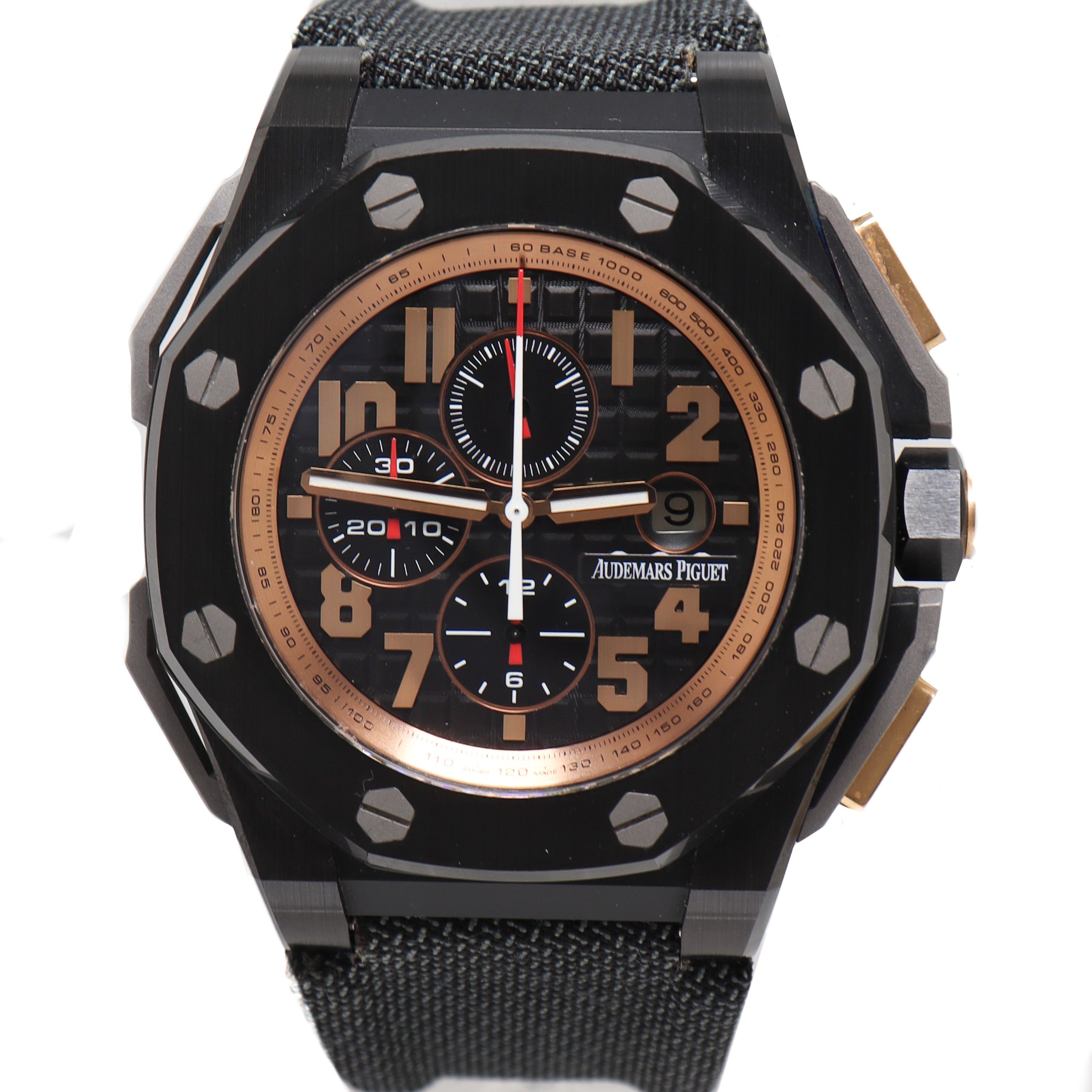 Audemars Piguet Mens Royal Oak Offshore Arnold Schwarzeneggar The Legacy Chronograph 48mm Black Mega Tapisserie Dial Watch Reference# 26378IO.OO.A001KE.01 - Happy Jewelers Fine Jewelry Lifetime Warranty