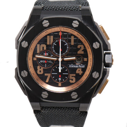 Audemars Piguet Mens Royal Oak Offshore Arnold Schwarzeneggar The Legacy Chronograph 48mm Black Mega Tapisserie Dial Watch Reference# 26378IO.OO.A001KE.01 - Happy Jewelers Fine Jewelry Lifetime Warranty