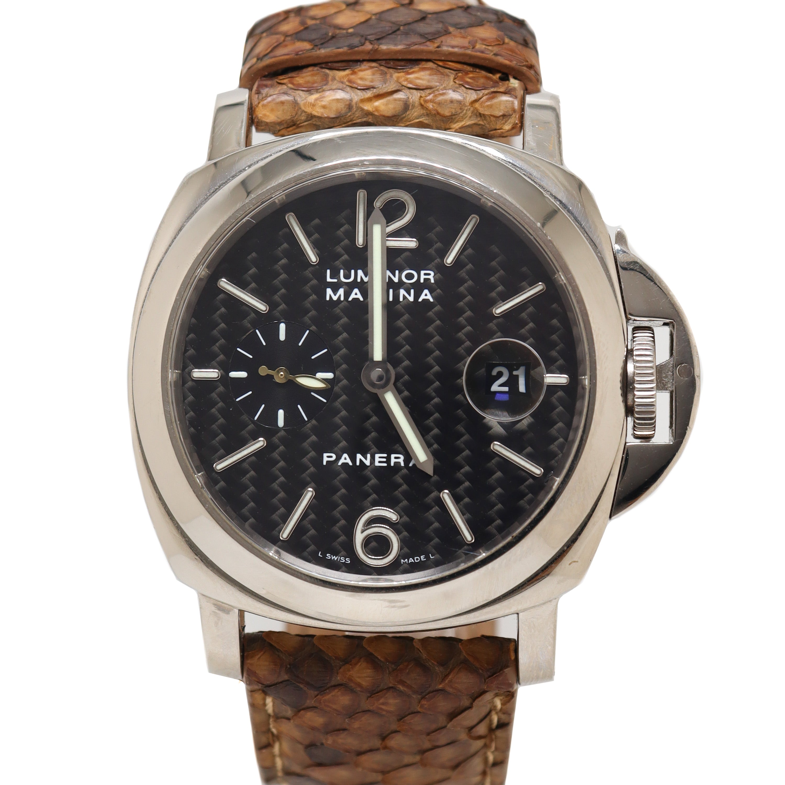 Panerai Mens Luminor Marina White Gold 44mm Carbon Fiber Dial Watch Reference# PAM00180 - Happy Jewelers Fine Jewelry Lifetime Warranty