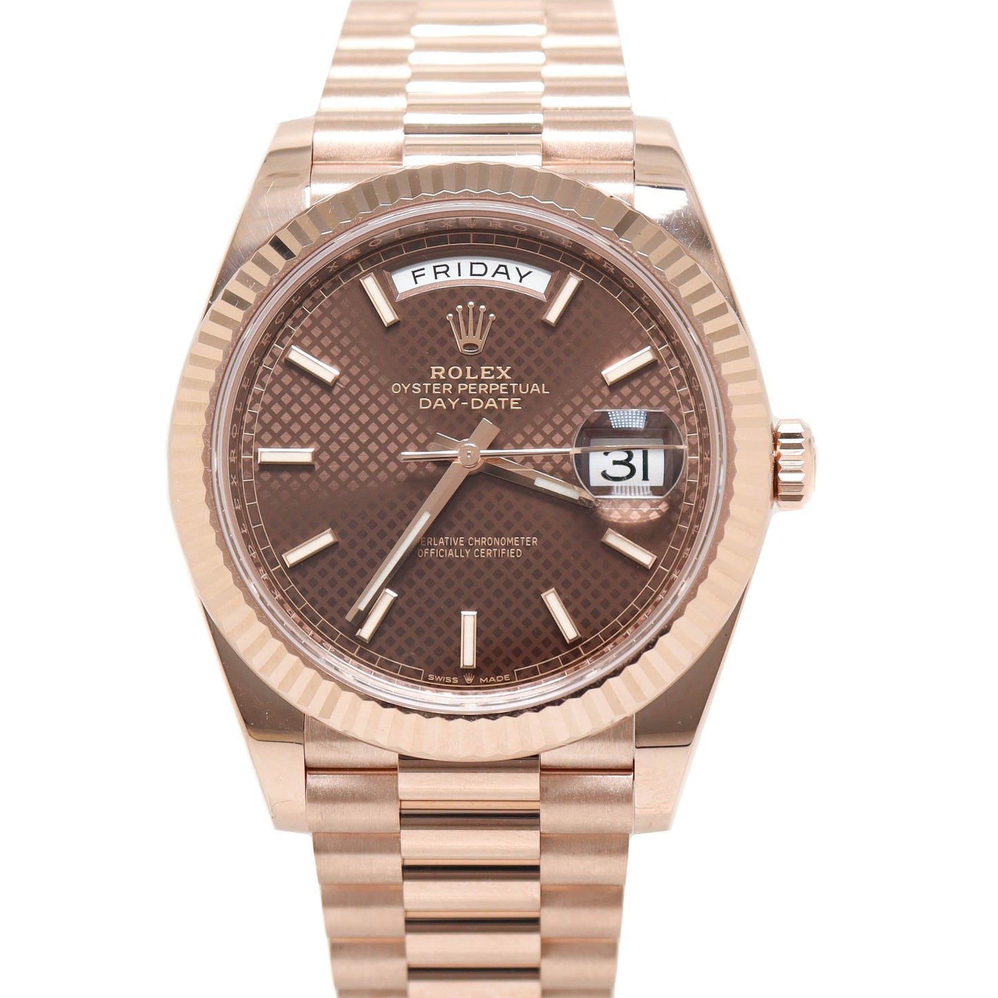 marmorering Tilladelse Afskrække Rolex Day-Date 40mm Rose Gold Chocolate Motiff Dial Watch Reference# 228235  | Happy Jewelers