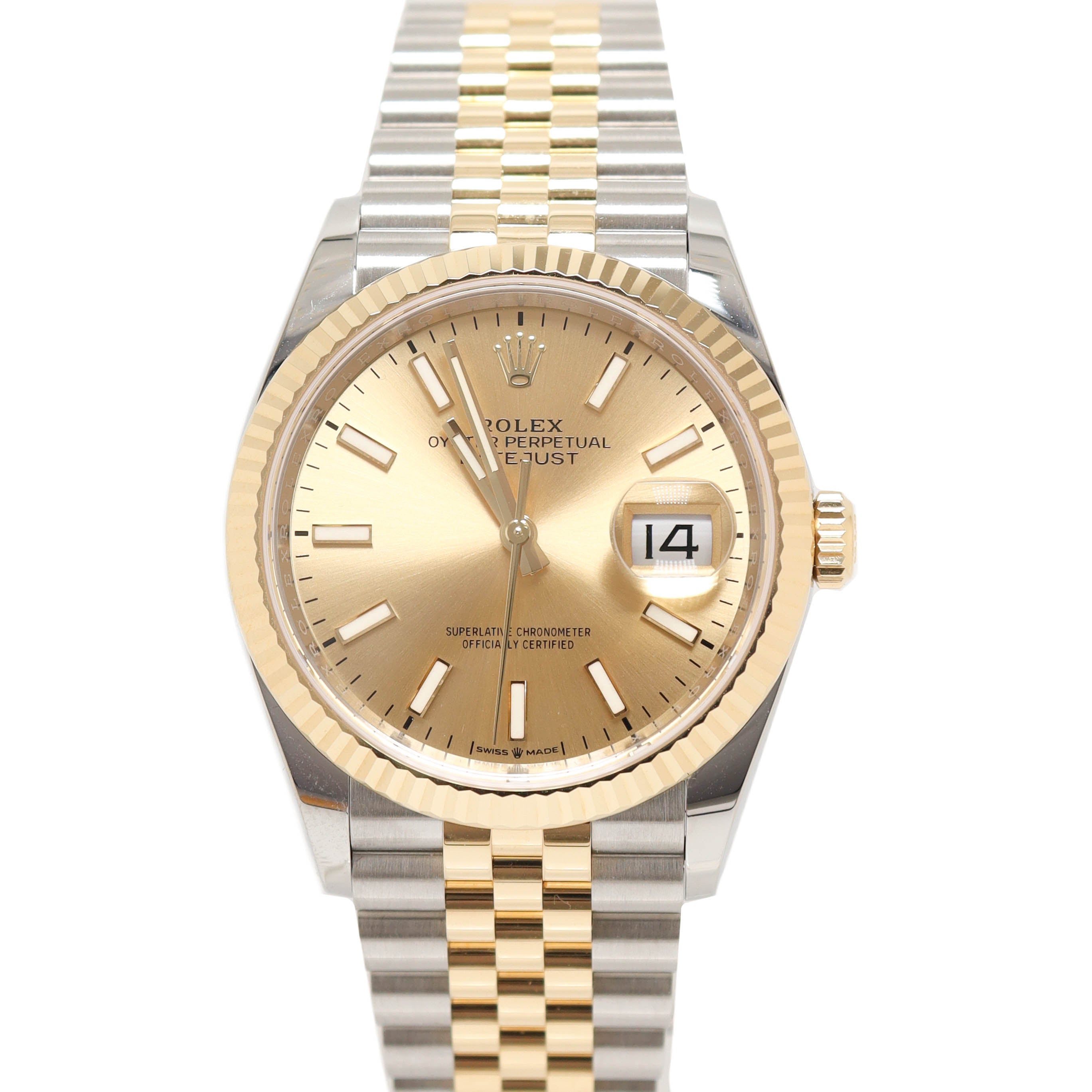 Rolex Datejust Yellow Gold & Stainless Steel 36mm Champagne Stick Dial Watch Reference# 126233 - Happy Jewelers Fine Jewelry Lifetime Warranty