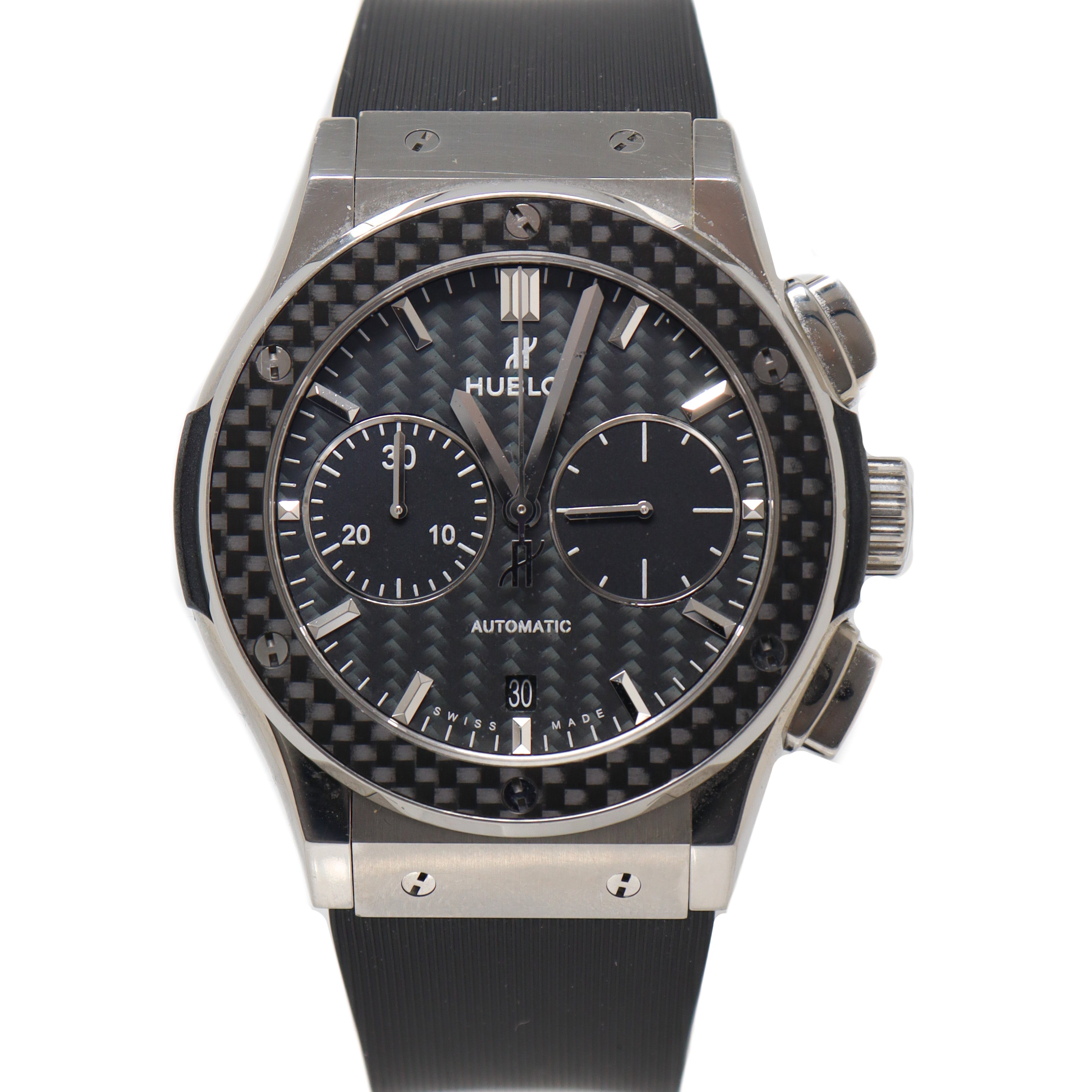 Hublot Mens Classic Fusion Titanium 45mm Black Chronograph Carbon Fiber Dial Watch Reference# 521.nq.1771.rx.plp16 - Happy Jewelers Fine Jewelry Lifetime Warranty
