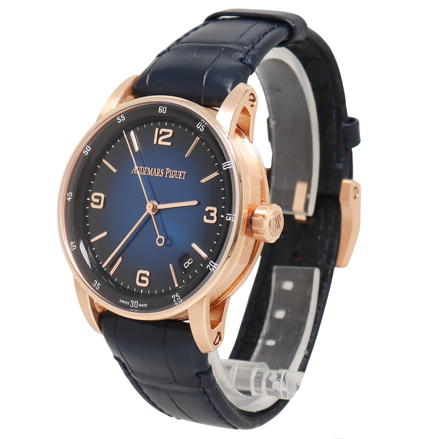 Audemar's Piguet Mens Rose Gold 41mm Smoked Lacquered Blue Dial Watch Reference# 15210OR.OO.A028CR.01 - Happy Jewelers Fine Jewelry Lifetime Warranty