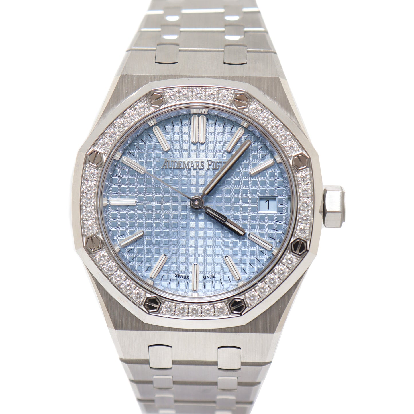 Audemars Piguet Royal Oak Stainless Steel 34mm Light Blue Grande Tapisserie Dial Watch Reference# 77451ST.ZZ.1361ST.01 - Happy Jewelers Fine Jewelry Lifetime Warranty