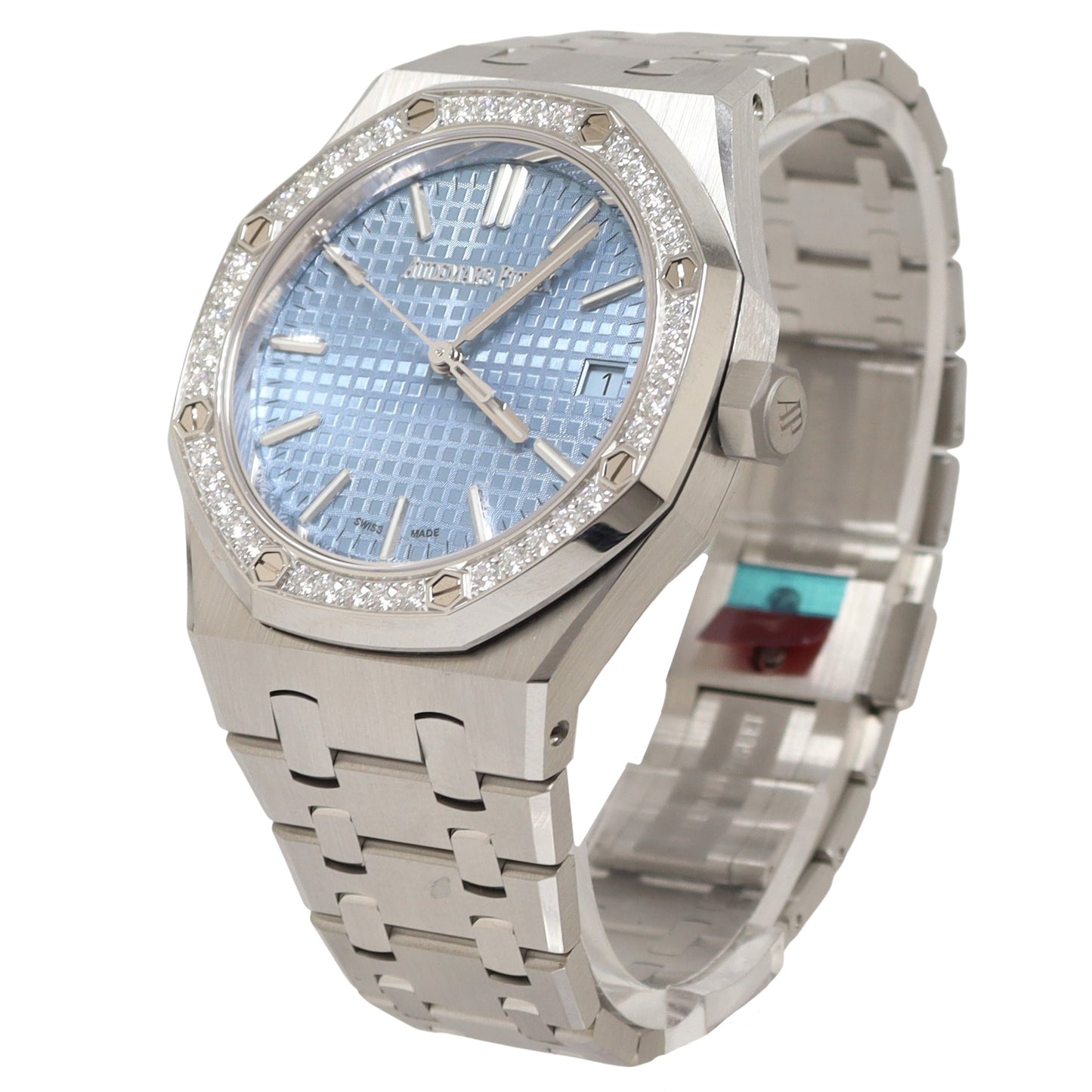 Audemars Piguet Royal Oak Stainless Steel 34mm Light Blue Grande Tapisserie Dial Watch Reference# 77451ST.ZZ.1361ST.01 - Happy Jewelers Fine Jewelry Lifetime Warranty