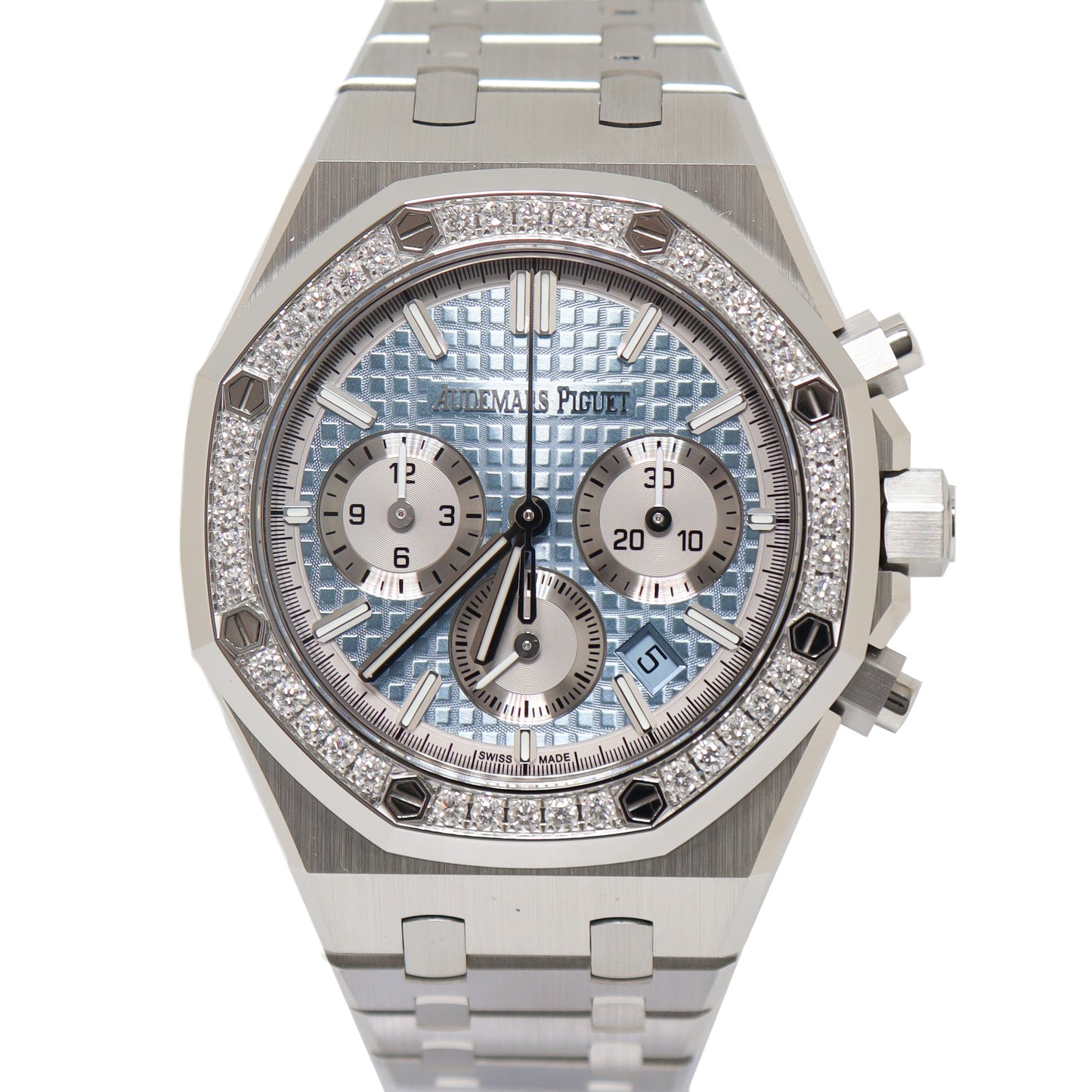 Audemars Piguet Ladies Stainless Steel 38mm Light Blue Chronograph Dial Watch Reference# 26715ST.ZZ.1356ST.01 - Happy Jewelers Fine Jewelry Lifetime Warranty