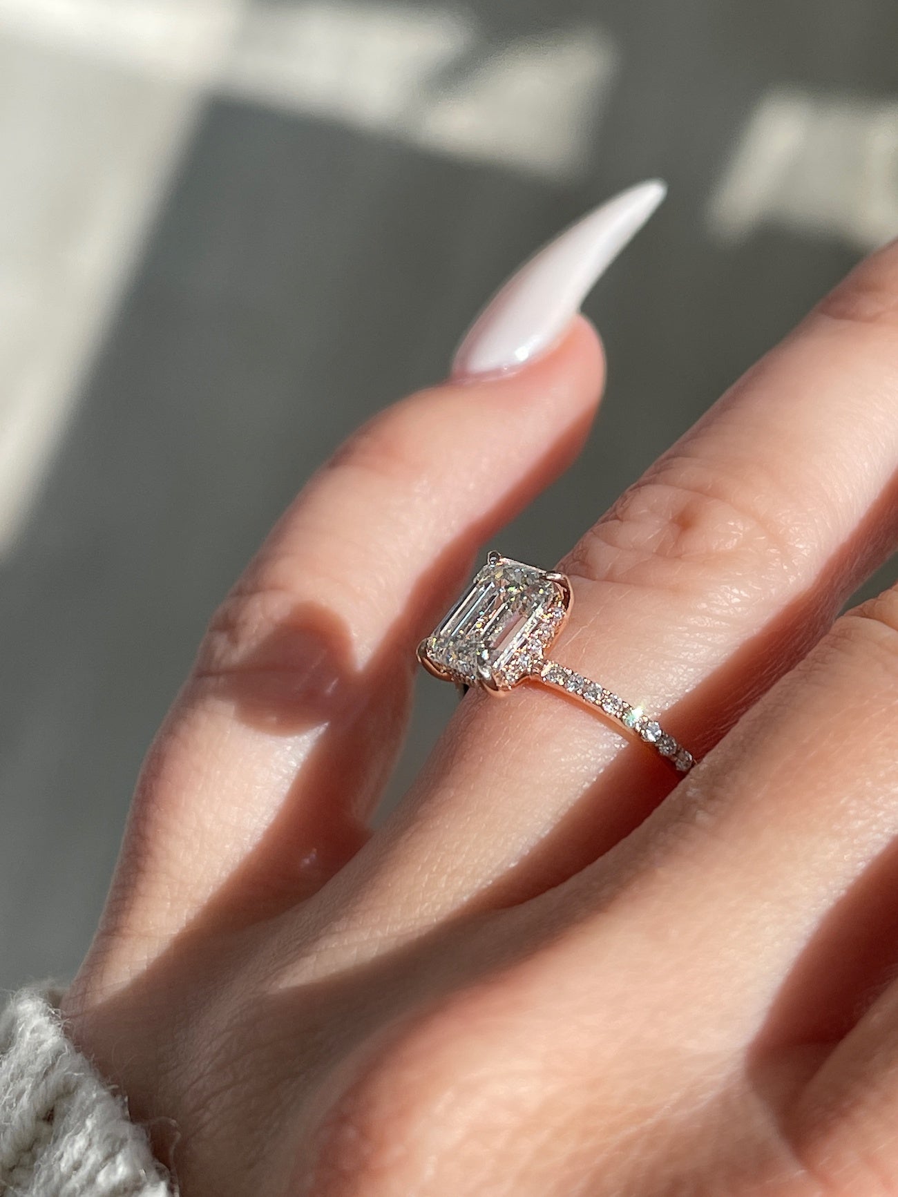 4.20 carat Emerald Cut Diamond Super Slim Engagement Ring | Lauren B Jewelry