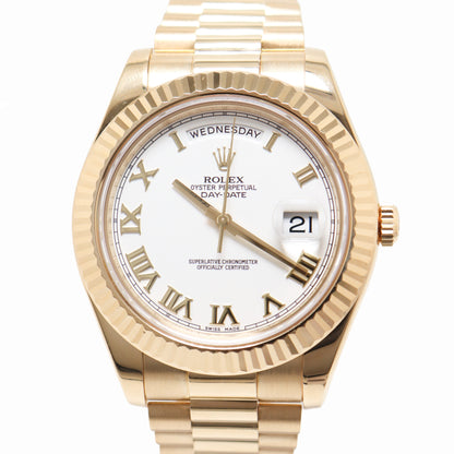 Rolex Day Date 41 Yellow Gold White Roman Dial Watch Reference# 218238 - Happy Jewelers Fine Jewelry Lifetime Warranty