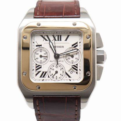 Cartier Santos 100XL Stainless Steel & Yellow Gold 42mm White Chronograph Roman Dial Watch Reference# W20091X7 - Happy Jewelers Fine Jewelry Lifetime Warranty
