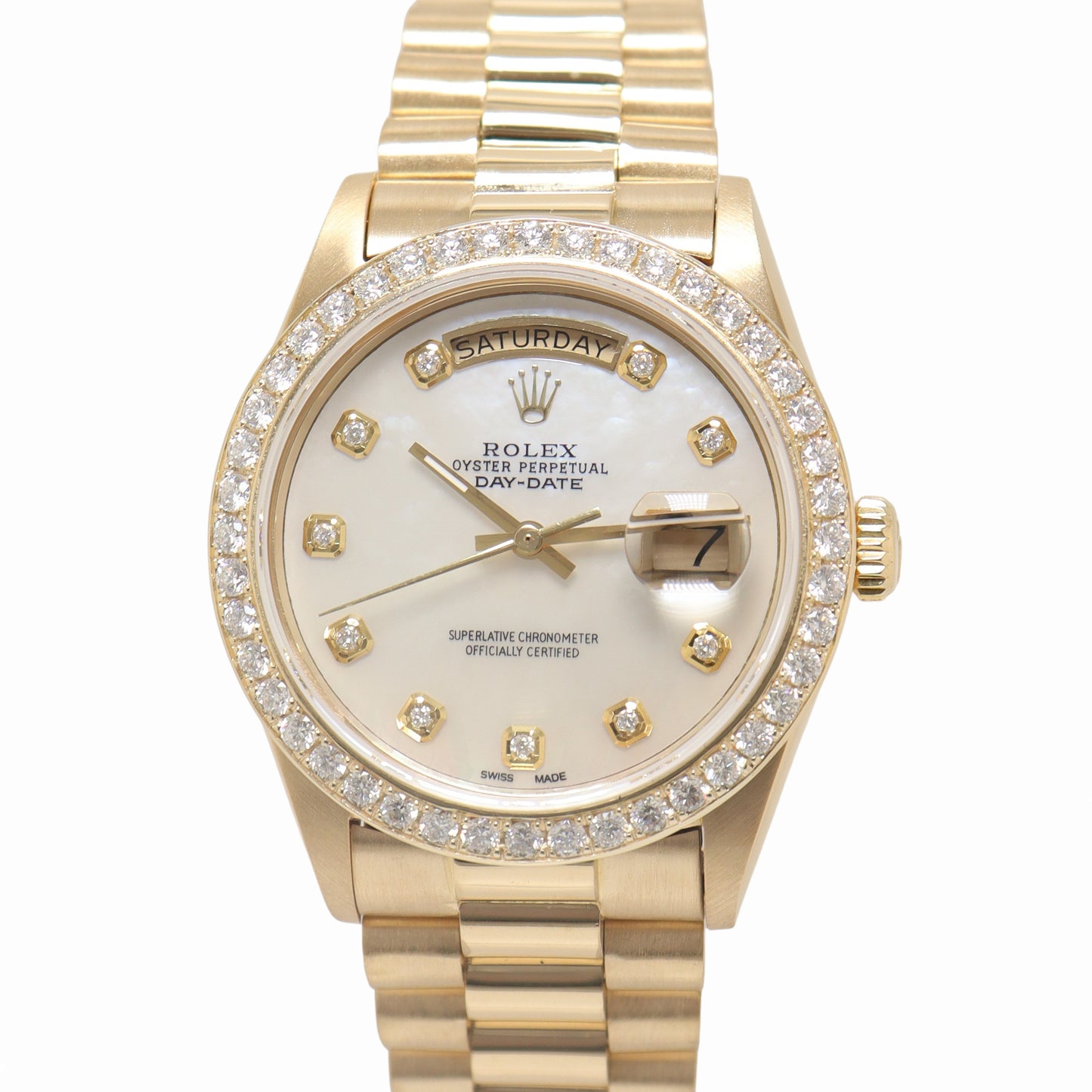 Rolex Day Date 36mm Yellow Gold White Custom White MOP Diamond Dial Watch Reference# 18038 - Happy Jewelers Fine Jewelry Lifetime Warranty