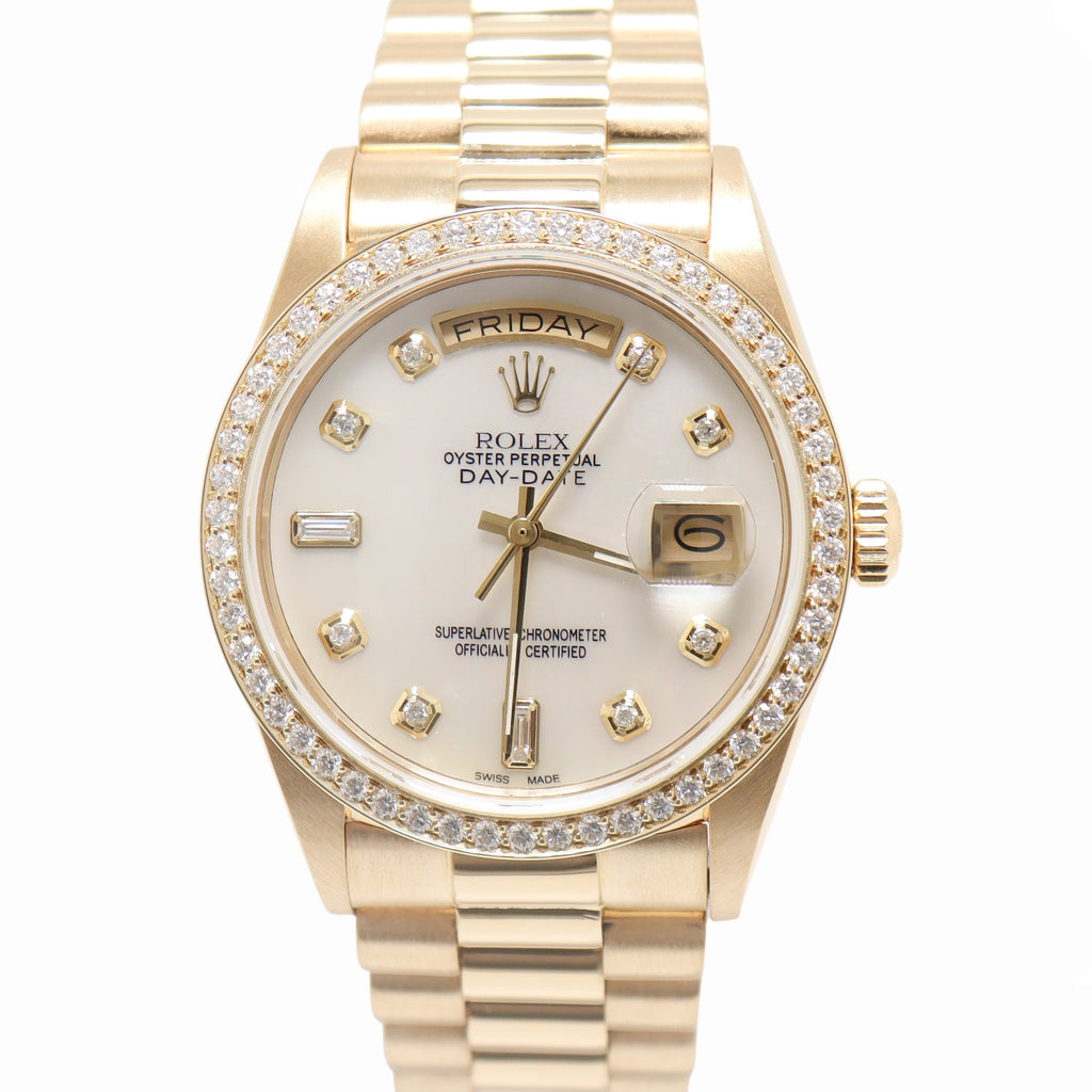 Rolex Day Date 36mm Yellow Gold Custom White MOP Diamond Dial Watch Reference# 18038 - Happy Jewelers Fine Jewelry Lifetime Warranty