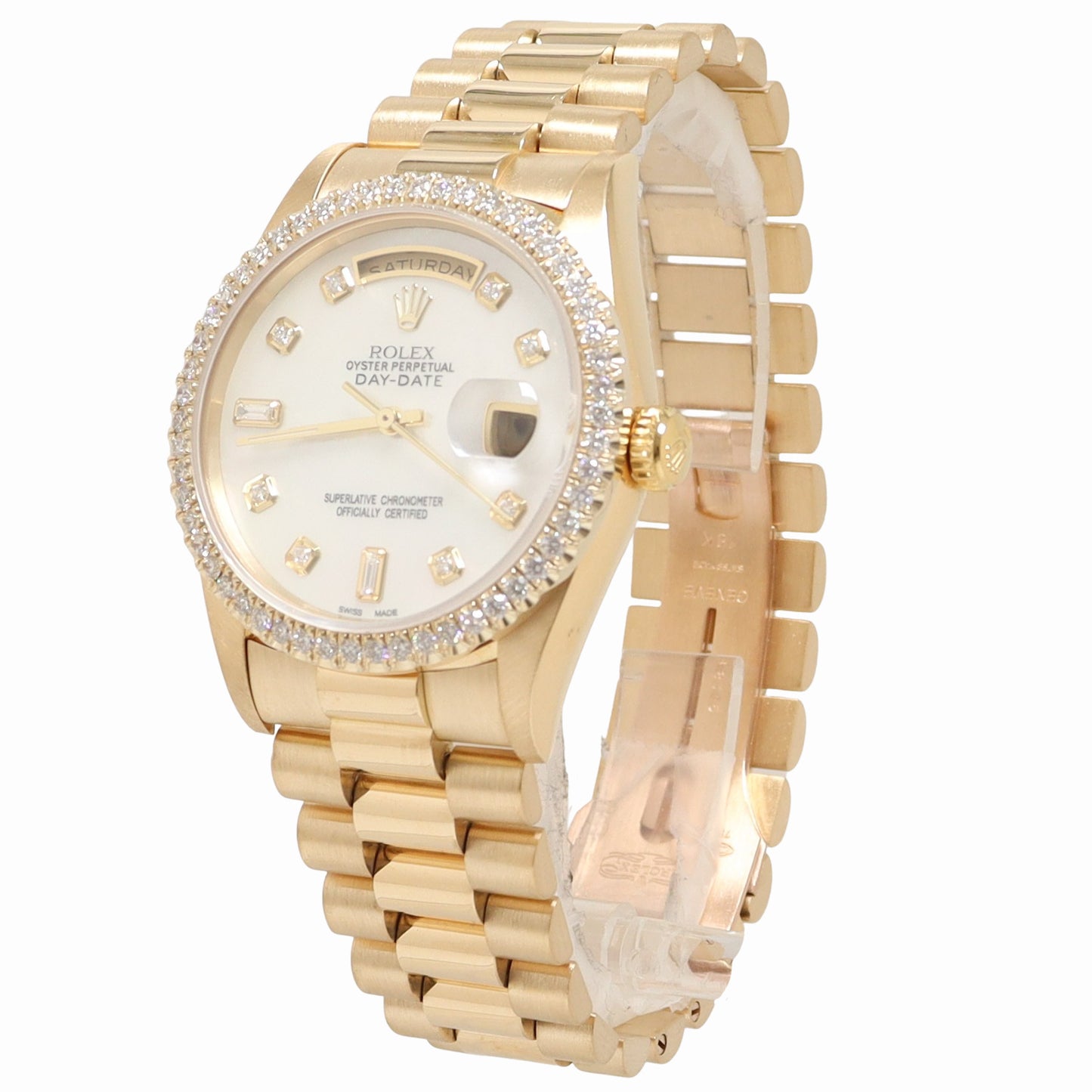 Rolex Day Date 36mm Yellow Gold Custom White MOP Diamond Dial Watch Reference# 18238 - Happy Jewelers Fine Jewelry Lifetime Warranty
