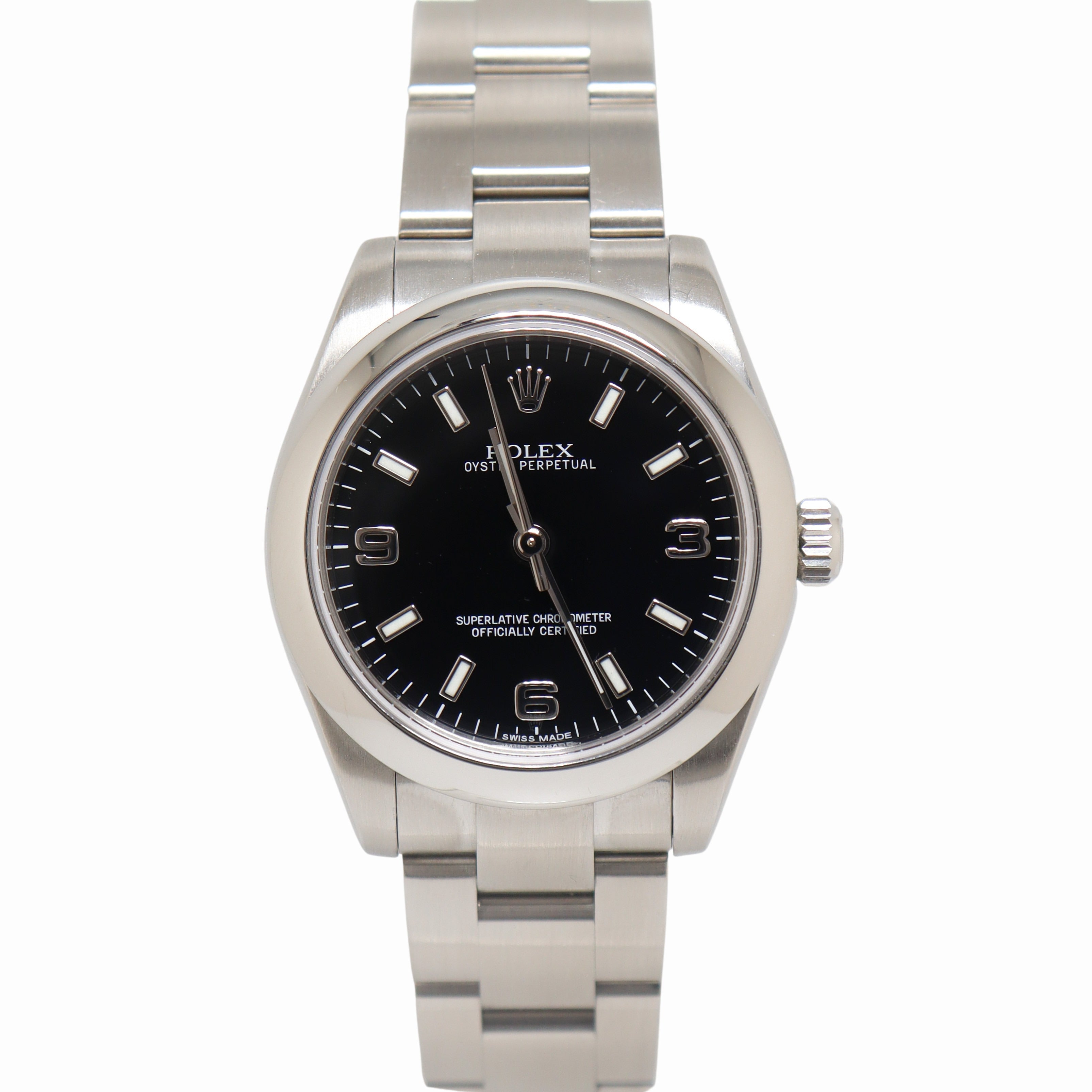 Rolex Oyster Perpetual 31mm Stainless Steel Black Stick & Arabic Dial Watch Reference# 177200 - Happy Jewelers Fine Jewelry Lifetime Warranty