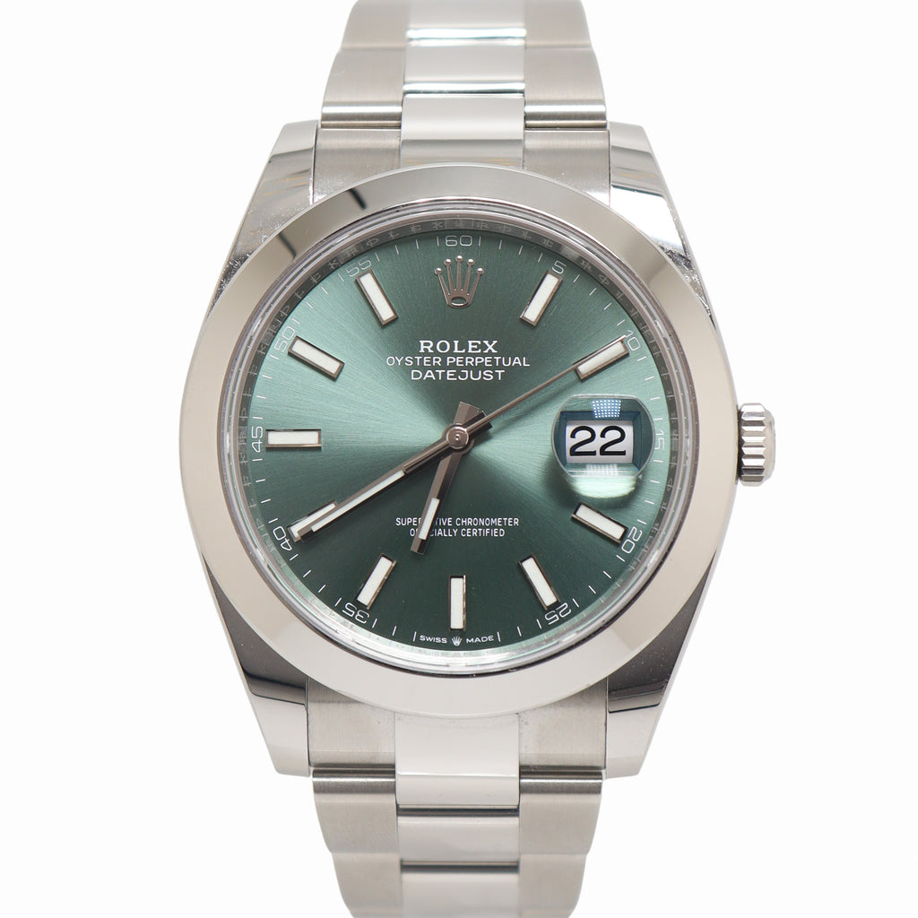 Rolex Datejust 41mm Stainless Steel Mint Green Stick Dial Watch Reference# 126300 - Happy Jewelers Fine Jewelry Lifetime Warranty