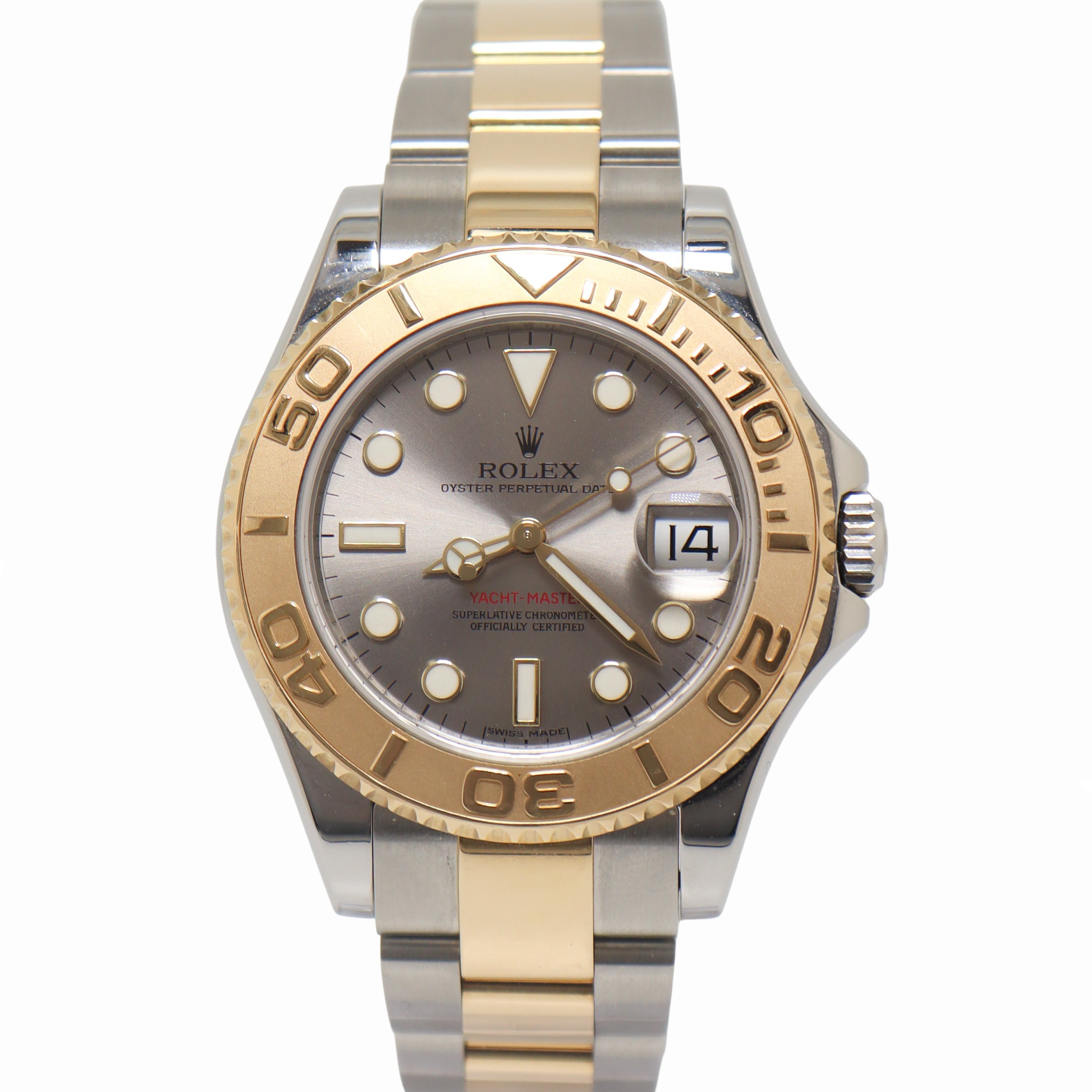 Rolex Yachtmaster 35mm Yellow Gold & Stainless Steel Gray Dot Dial Watch Reference# 168623 - Happy Jewelers Fine Jewelry Lifetime Warranty