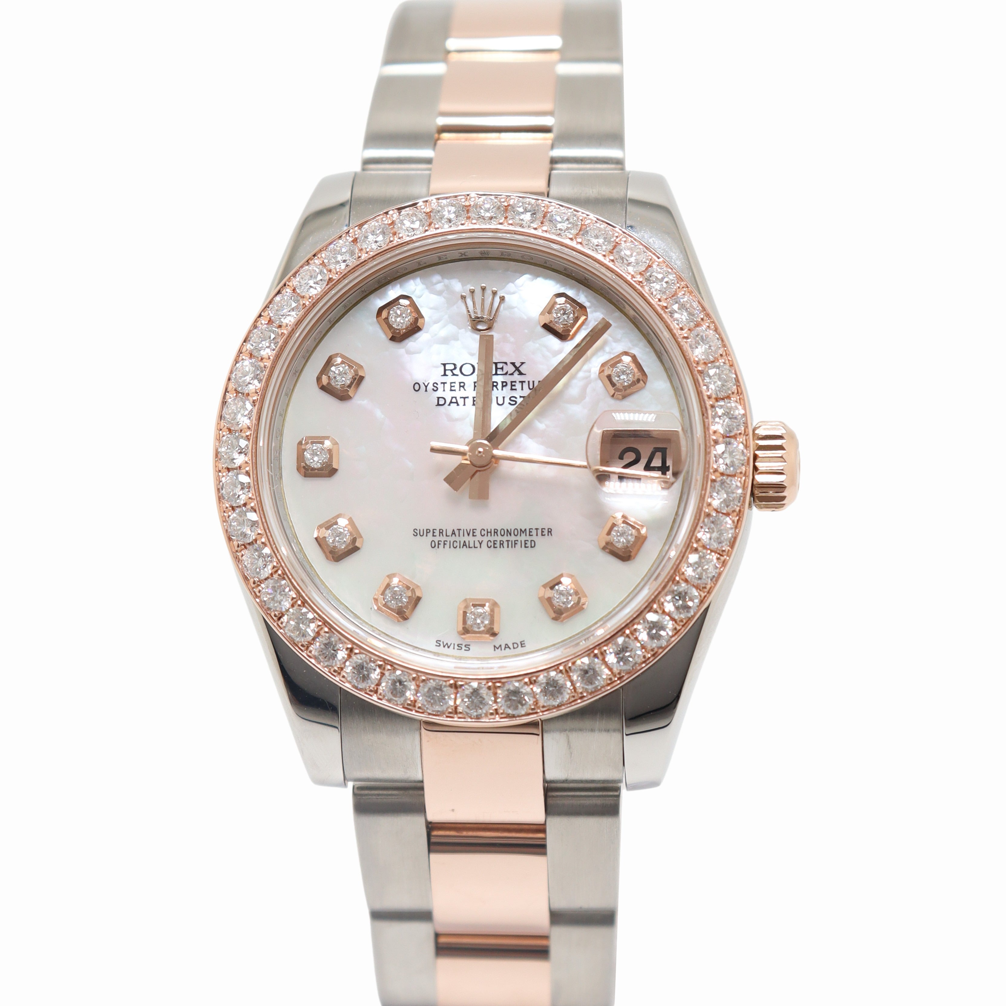 Rolex Datejust 31mm Everose Gold & Stainless Steel Custom White MOP Diamond Dial Watch Reference# 178241 - Happy Jewelers Fine Jewelry Lifetime Warranty