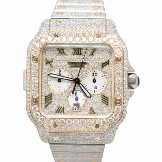 Cartier Santos 44m ICED OUT Yellow Gold & Stainless Steel Silver Roman Chronograph Dial Watch Reference# W2SA0008 - Happy Jewelers Fine Jewelry Lifetime Warranty