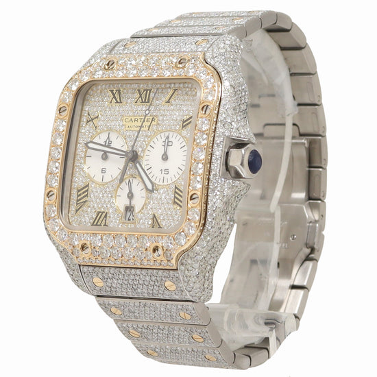 Cartier Santos 44m ICED OUT Yellow Gold & Stainless Steel Silver Roman Chronograph Dial Watch Reference# W2SA0008 - Happy Jewelers Fine Jewelry Lifetime Warranty