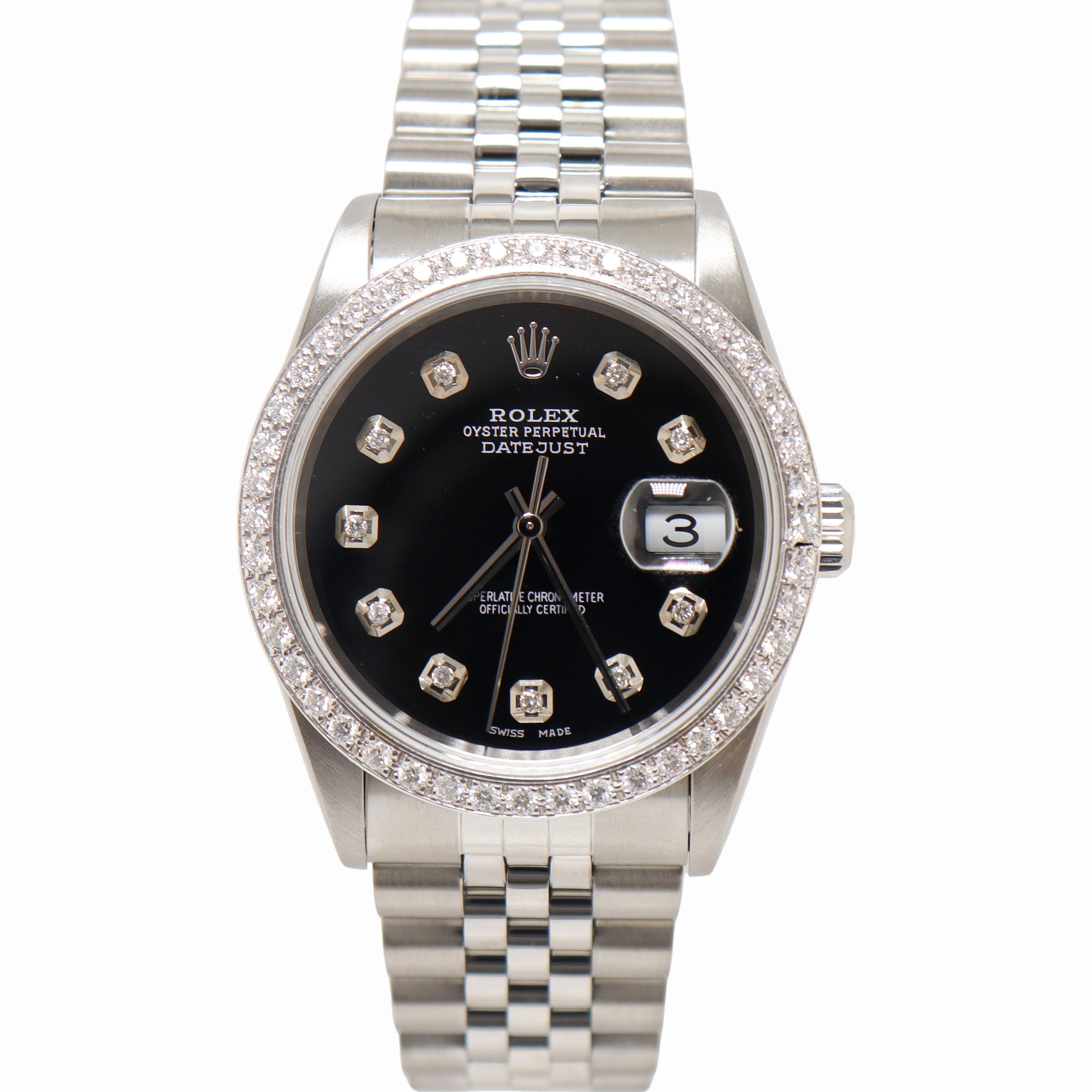Rolex Datejust 36mm Stainless Steel Custom Black Diamond Dial Watch Reference# 16234 - Happy Jewelers Fine Jewelry Lifetime Warranty