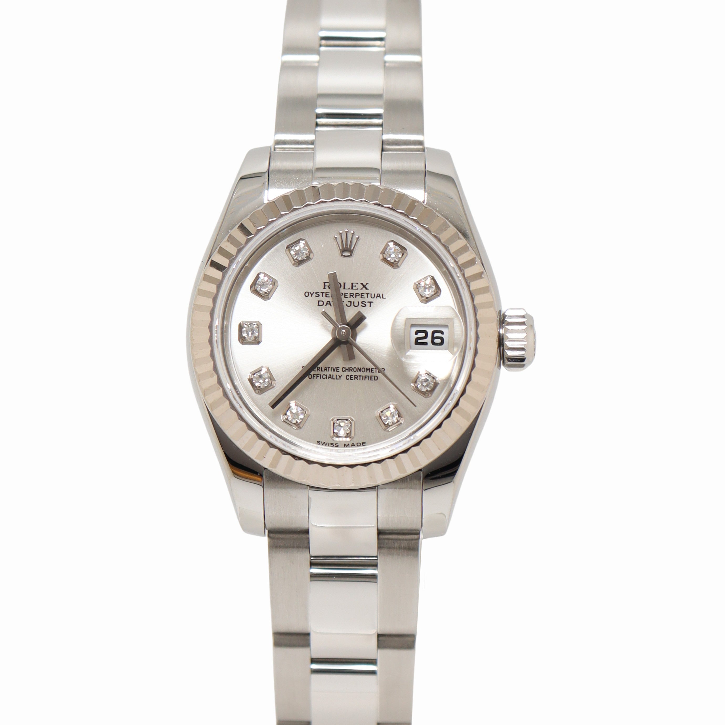 Rolex Datejust 26mm Stainless Steel Silver Diamond Dial Watch Reference# 179174 - Happy Jewelers Fine Jewelry Lifetime Warranty