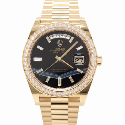 Rolex Day-Date Yellow Gold 40mm Onyx Baguette Diamond Dial Watch Reference# 228348RBR - Happy Jewelers Fine Jewelry Lifetime Warranty