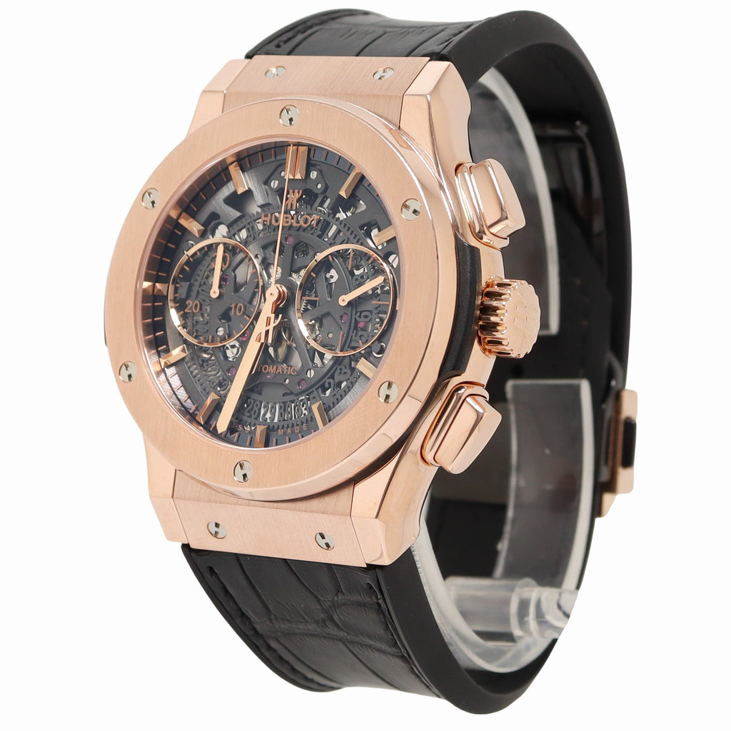 Hublot Mens Classic Fusion Rose Gold Skeleton Chronograph Dial Watch Reference# 525.OX.0180.LR - Happy Jewelers Fine Jewelry Lifetime Warranty