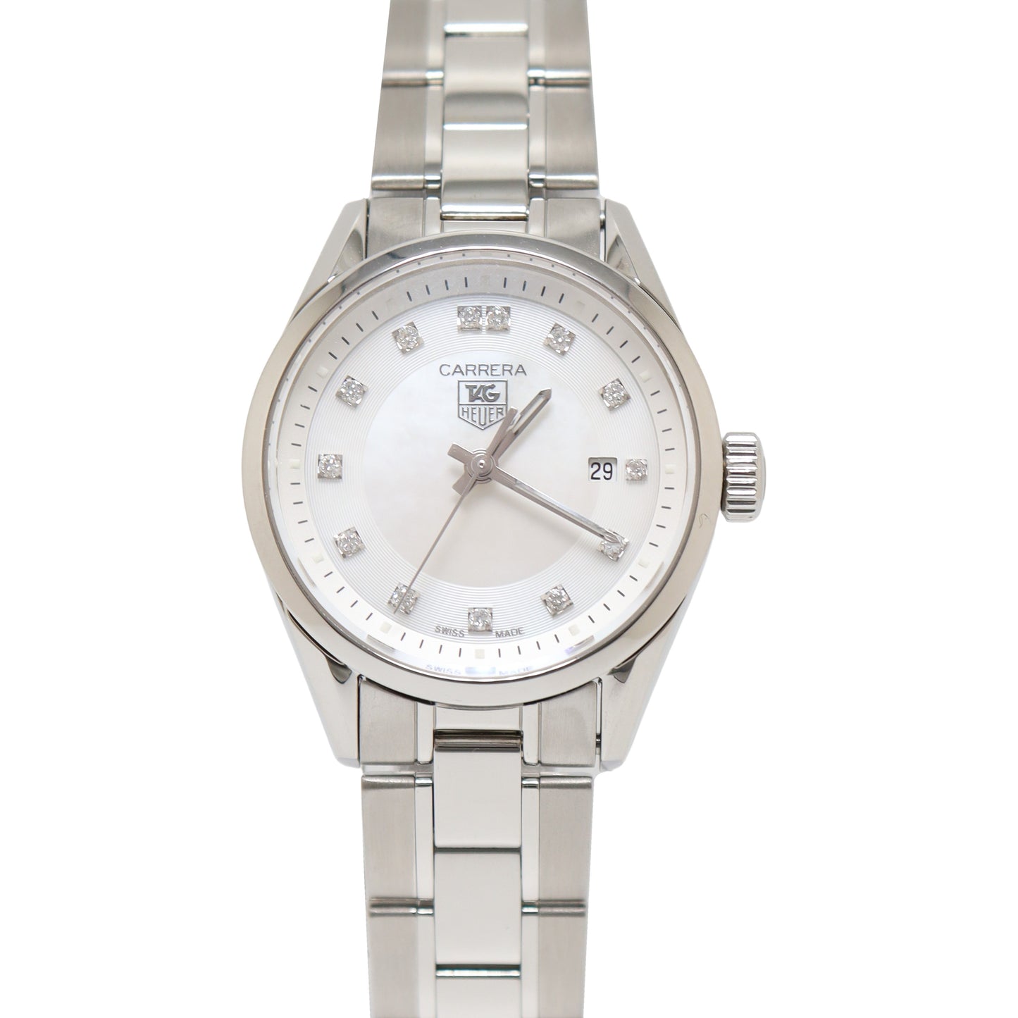 Tag Heuer Ladies Carrera Stainless Steel 27mm White MOP Diamond Dial Watch Reference# WV1411.BA0793 - Happy Jewelers Fine Jewelry Lifetime Warranty