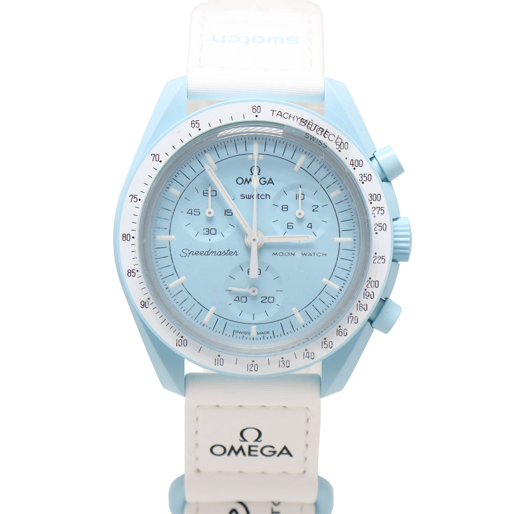 Omega x Swatch Moonswatch 42mm Sky Blue Chronograph Dial Watch Happy Jewelers