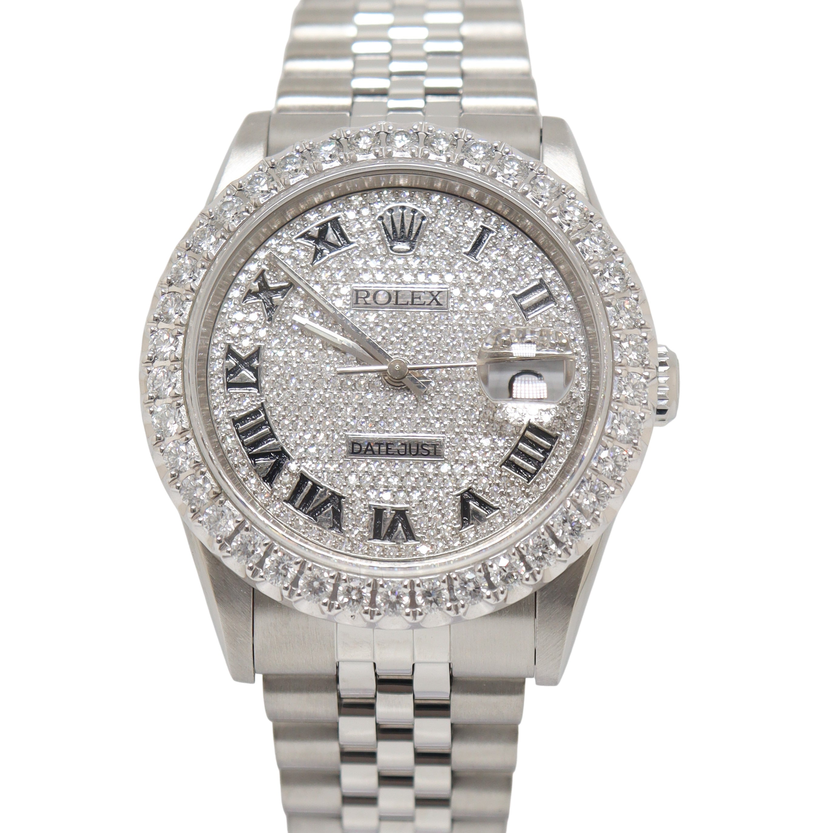 Rolex Datejust 36mm Stainless Steel Pave Roman Dial Watch Reference# 16220 - Happy Jewelers Fine Jewelry Lifetime Warranty