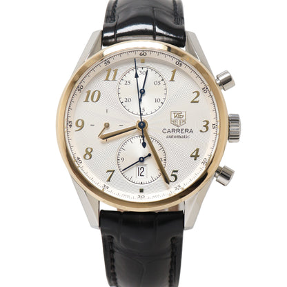 Tag Heuer Carrera 41mm Yellow Gold & Stainless Steel White Chronograph Dial Watch Reference# CAS2150 - Happy Jewelers Fine Jewelry Lifetime Warranty