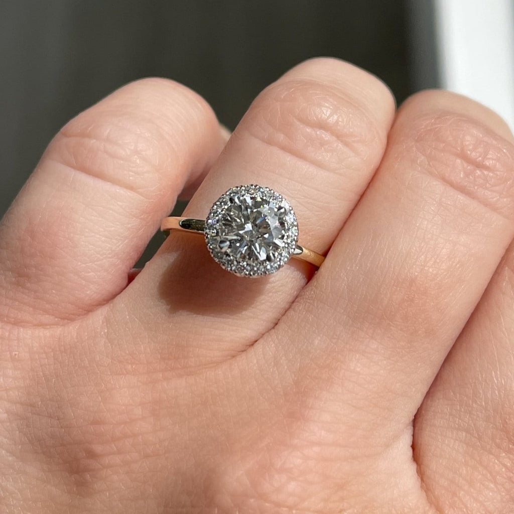 1.01 Round Brilliant Diamond Engagement Ring w/ .25 Diamond Halo | 14k White Gold & 14k Gold | Engagement Ring Wednesday - Happy Jewelers Fine Jewelry Lifetime Warranty