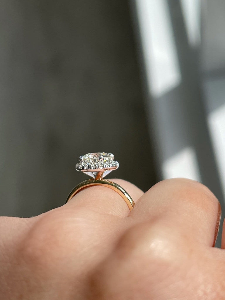 1.01 Round Brilliant Diamond Engagement Ring w/ .25 Diamond Halo | 14k White Gold & 14k Gold | Engagement Ring Wednesday - Happy Jewelers Fine Jewelry Lifetime Warranty