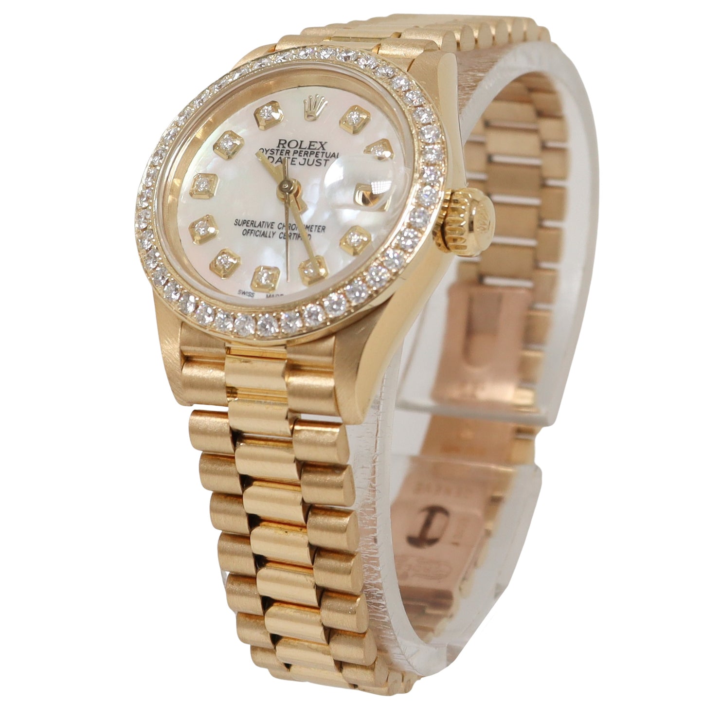 Rolex Lady-Datejust Yellow Gold 26mm Custom White MOP Diamond Dial Watch Reference #: 69138 - Happy Jewelers Fine Jewelry Lifetime Warranty