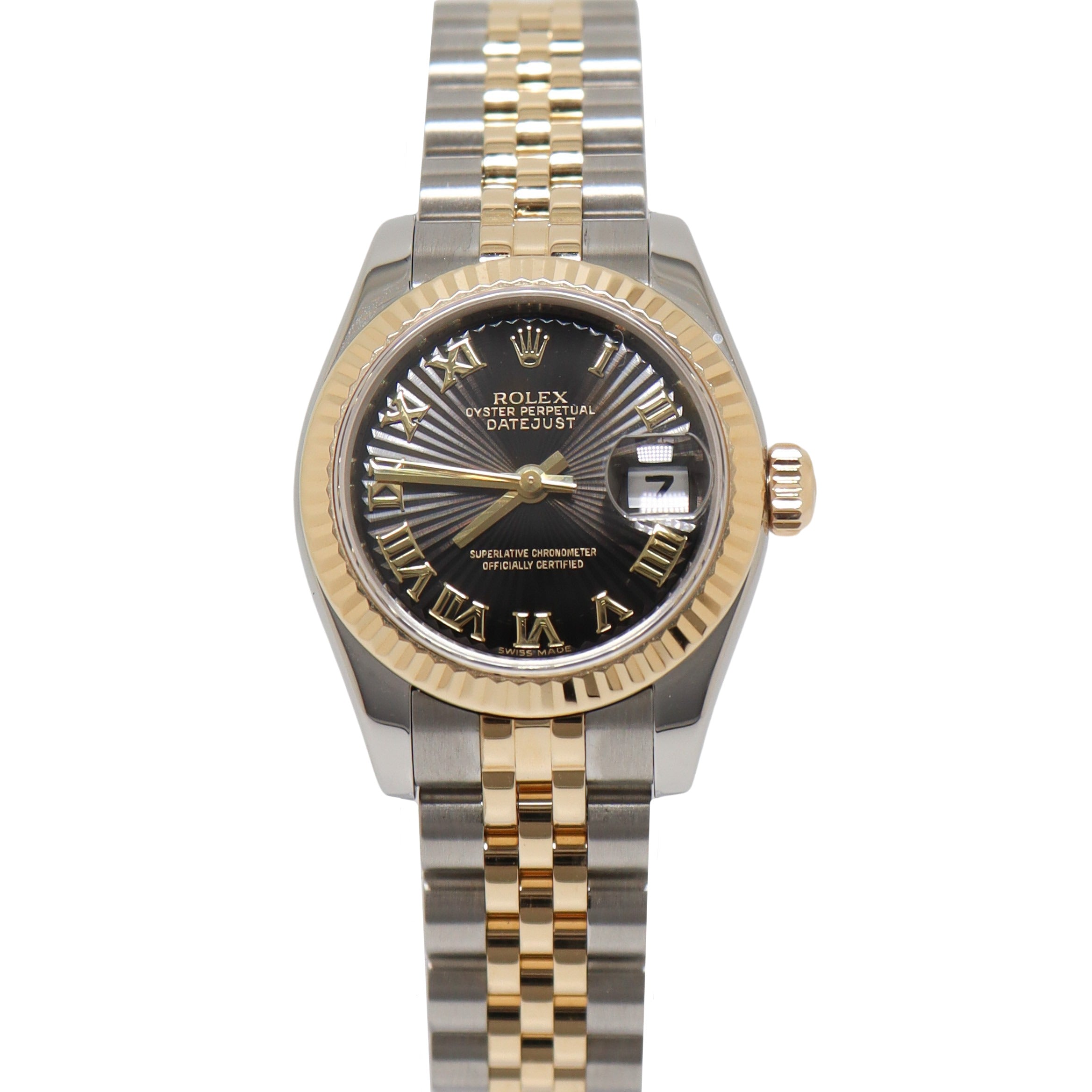 Rolex Datejust Steel & 18K Yellow Gold 26mm Black Roman Dial Watch Reference#: 79173 - Happy Jewelers Fine Jewelry Lifetime Warranty