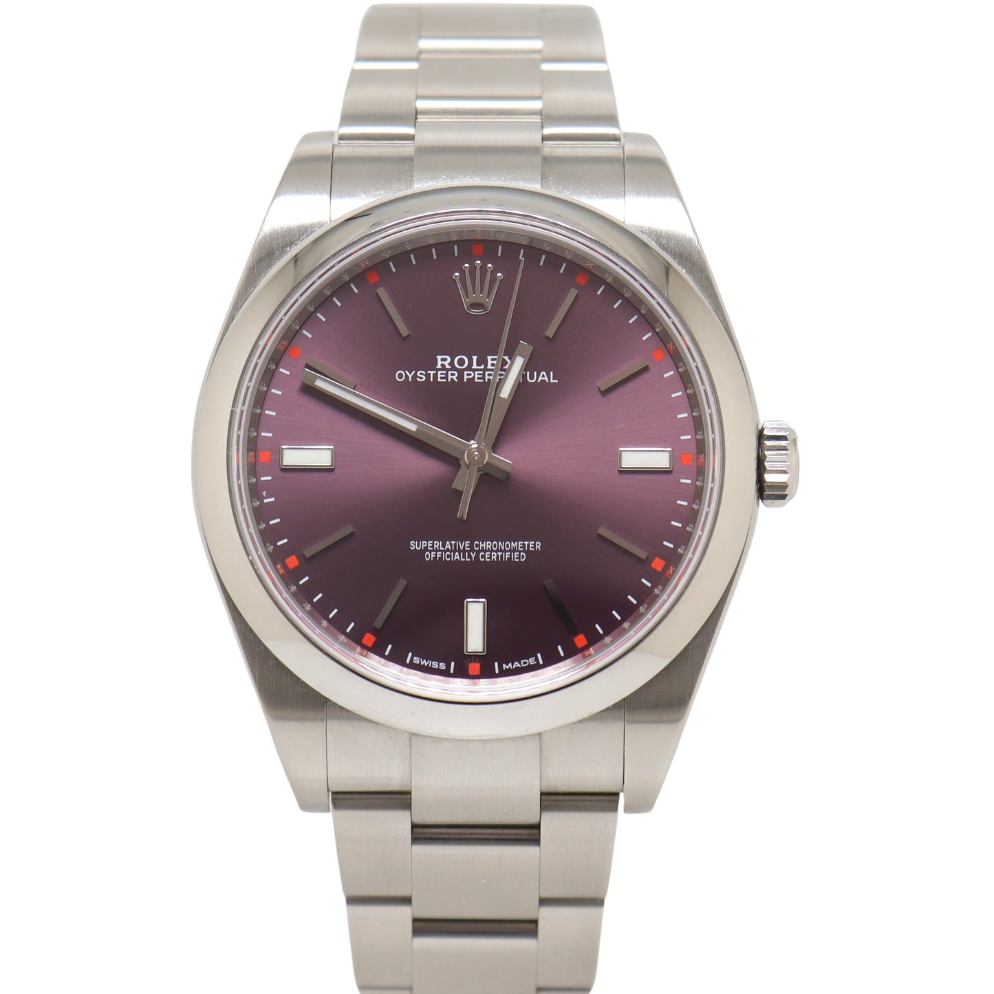 Rolex Oyster Perpetual Stainless Steel 39mm Red Grape Stick Dial