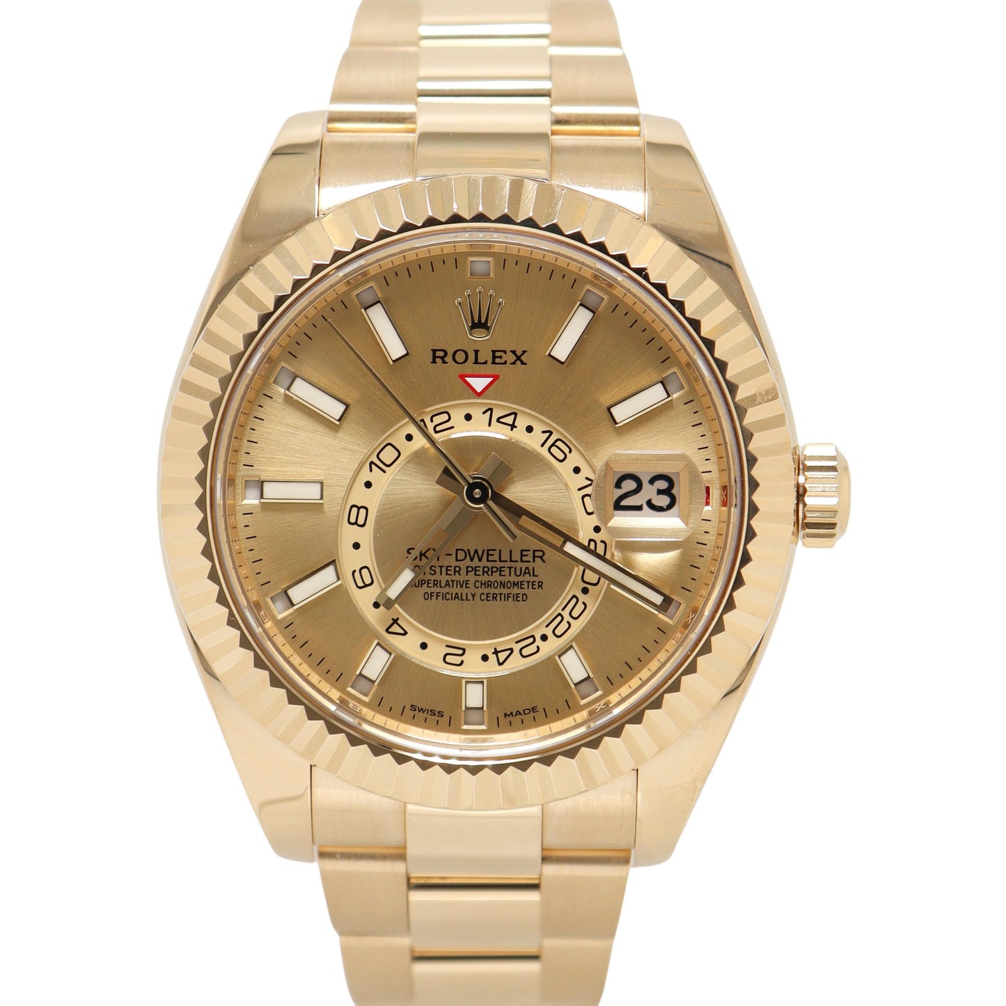 Rolex Sky Dweller Yellow Gold 42mm Champagne Stick Dial Watch Reference#: 326938 - Happy Jewelers Fine Jewelry Lifetime Warranty