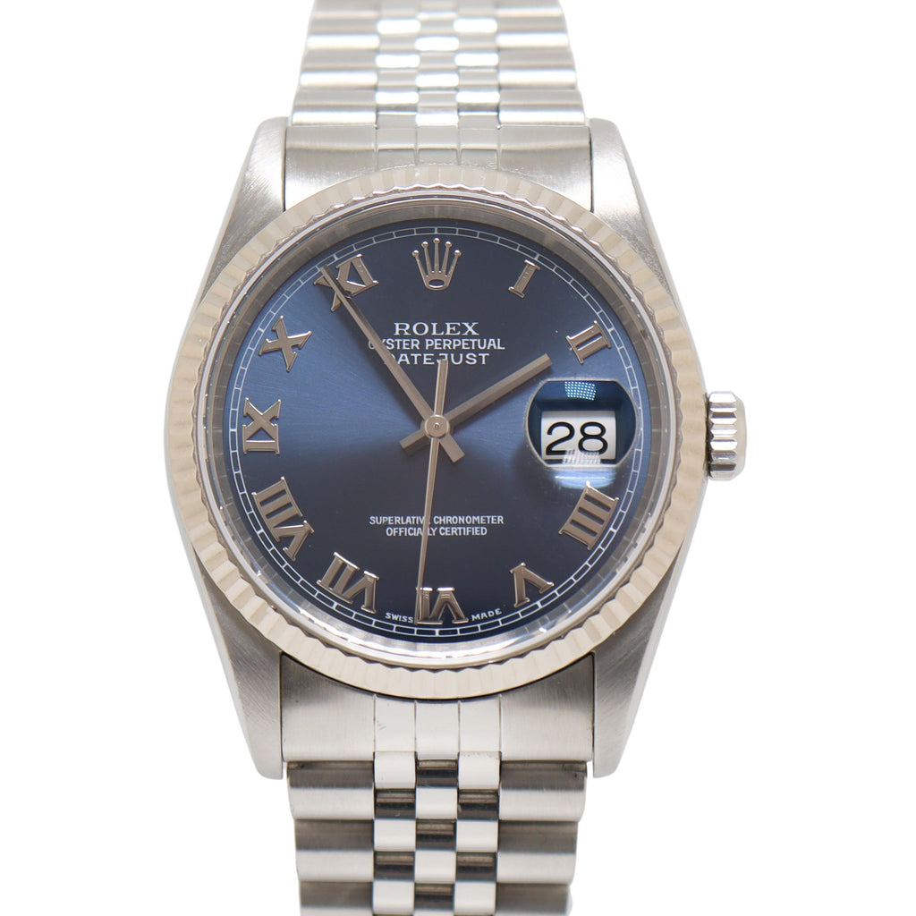 Rolex Datejust Two Tone White Gold & Stainless Steel 36mm Blue w/ Roman Numerals  Dial Watch Reference# 16234 - Happy Jewelers Fine Jewelry Lifetime Warranty