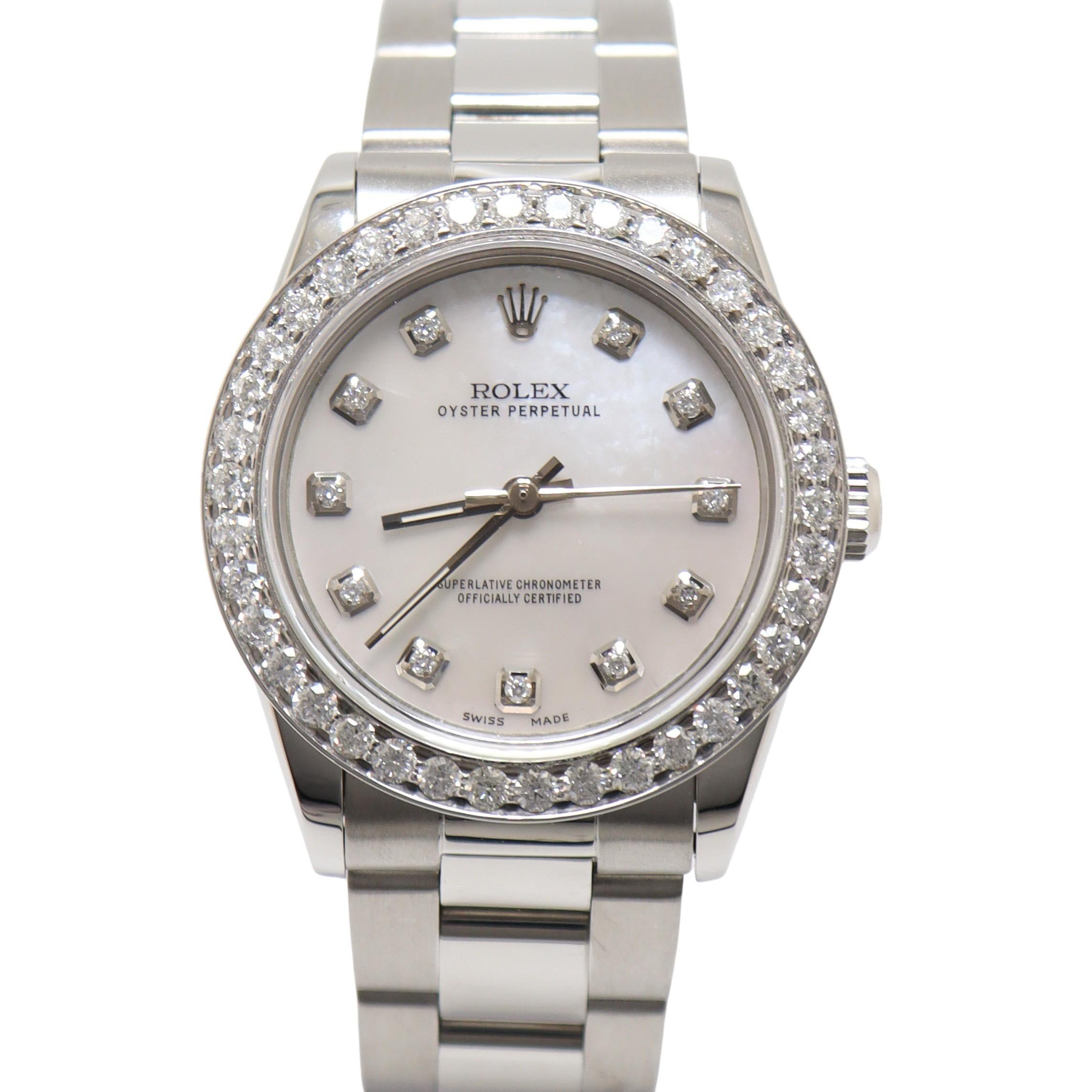 Rolex Oyster Perpetual Stainless Steel 31mm Custom MOP Diamond Dial Watch Reference#: 177200 - Happy Jewelers Fine Jewelry Lifetime Warranty